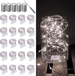 20 Pack Fairy Lights Battery Operated String Lights, 20 LED on 6.6FT Silvery Copper Wire, Firefly Fairy String Lights for Wedding Party Mason Jar Christmas Decorations Bedroom Decor(White)