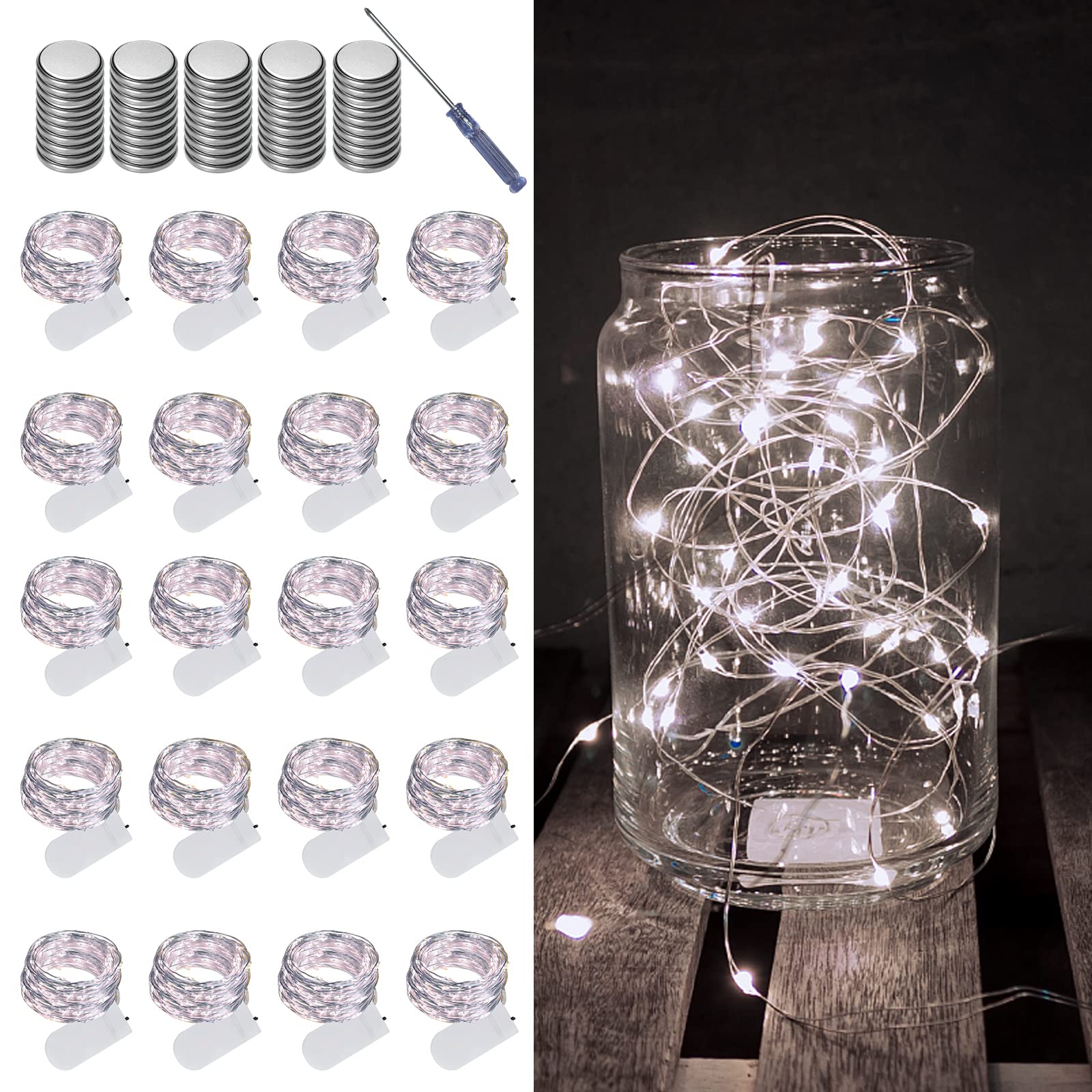 LAMPHOME 20 Pack Fairy Lights Battery Operated String Lights, 20 LED on 6.6FT Silvery Copper Wire, Firefly Fairy String Lights for Wedding Party Mason Jar Christmas Decorations Bedroom Decor(White)