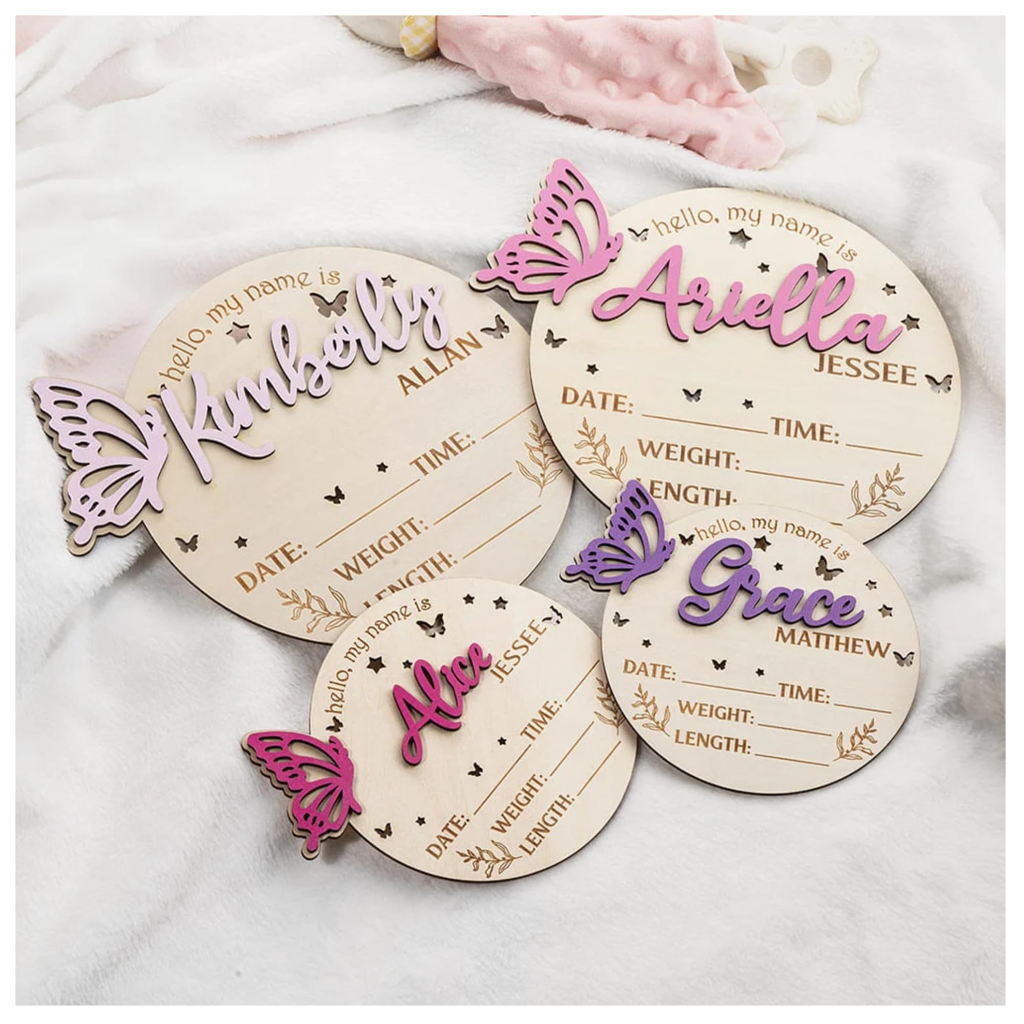 Personalised 3D Butterfly Wooden Birth Announcement Sign Photo Prop with Stats, Custom Baby Name Hospital Photo Prop, Many Sizes/Color/Font Options (Printed in USA - Ships Next Day)