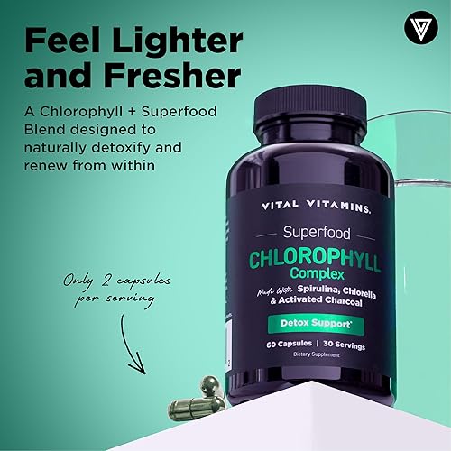 Miniatura 2 de Vital Vitamins Pastillas de clorofila  Suplemento desodorizante corporal  Hecho con espirulina, clorella, perejil orgánico, menta y carbón activado
