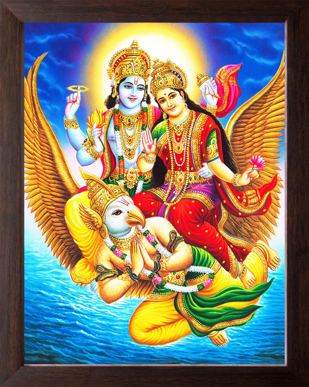 Art n Store: Lord Vishnu & Goddess Lakshmi Mount on Lord Garuda, HD Printed Wall Decor Poster Painting with Plain Brown Frame (Small Size - 7 X 9 Inch)-image-24
