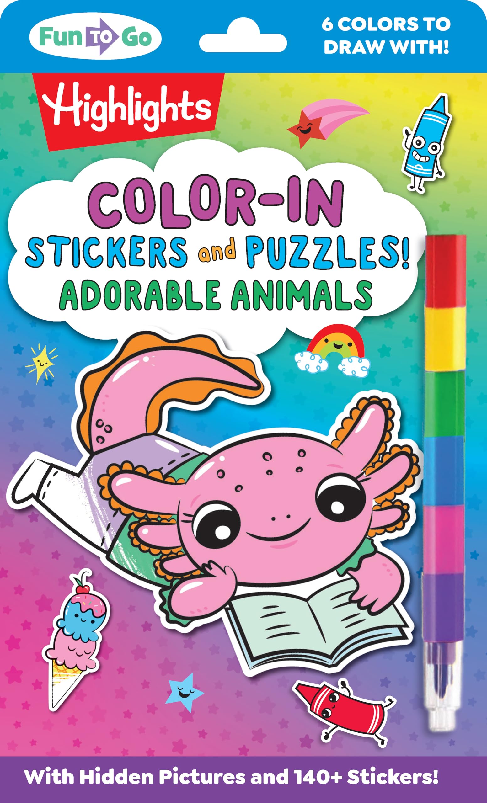 Color-In Stickers and Puzzles! Adorable Animals: Over 140 Kids Stickers for You to Color and Decorate, Animal Puzzles Activity Sheets for On-The-Go Fun (Highlights Fun to Go)