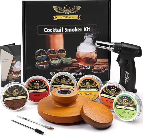 Kit de ahumador de cóctel con antorcha para whisky y bourbon, juego de ahumadores antiguos de 6 sabores de chips de madera, naranja, canela,