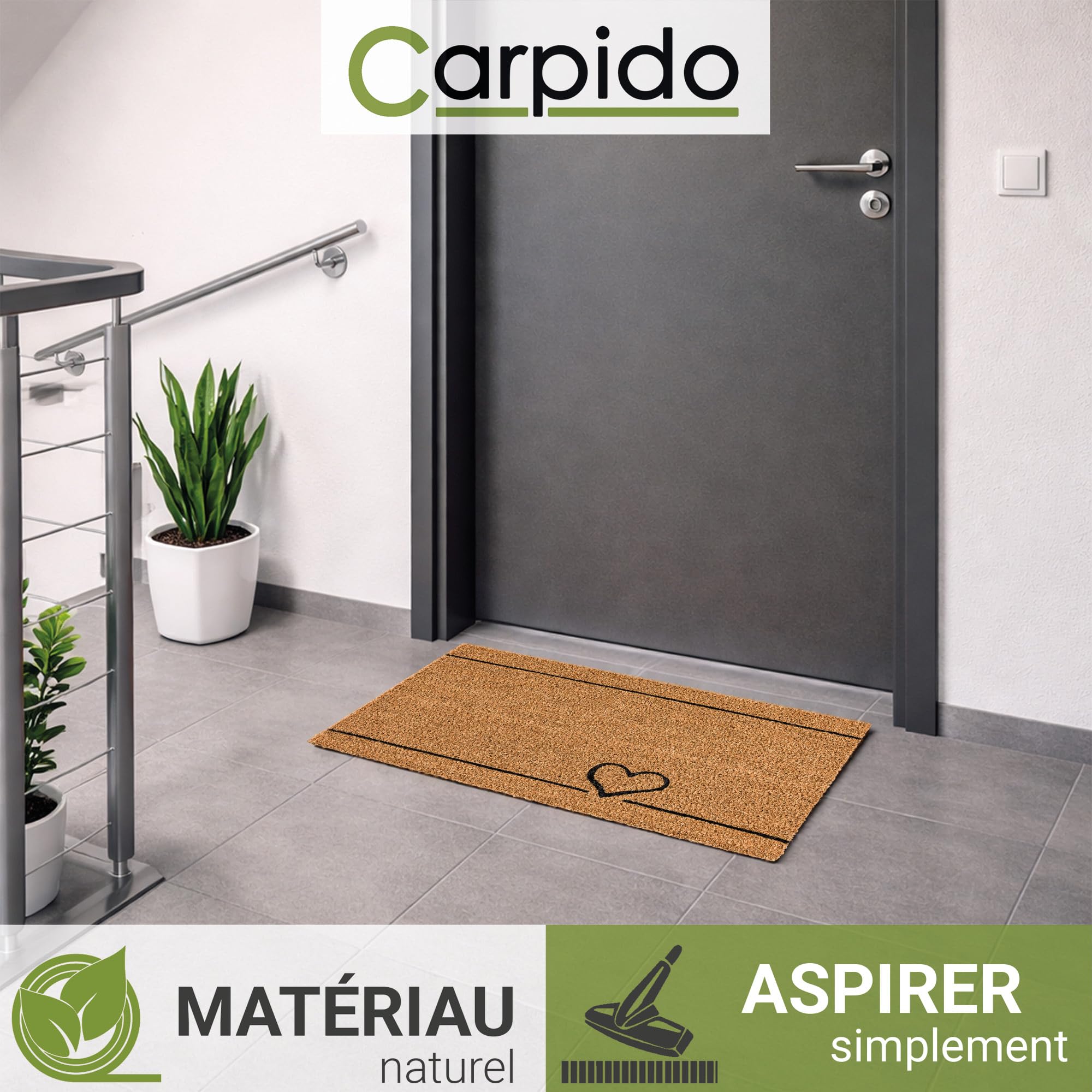 Carpido Paillasson Coco Coeur Lignes Design - Chemin de propreté 40x60 cm Lot de 2 - paillasson intérieur - Tapis Coco antibactérien - matériau Naturel