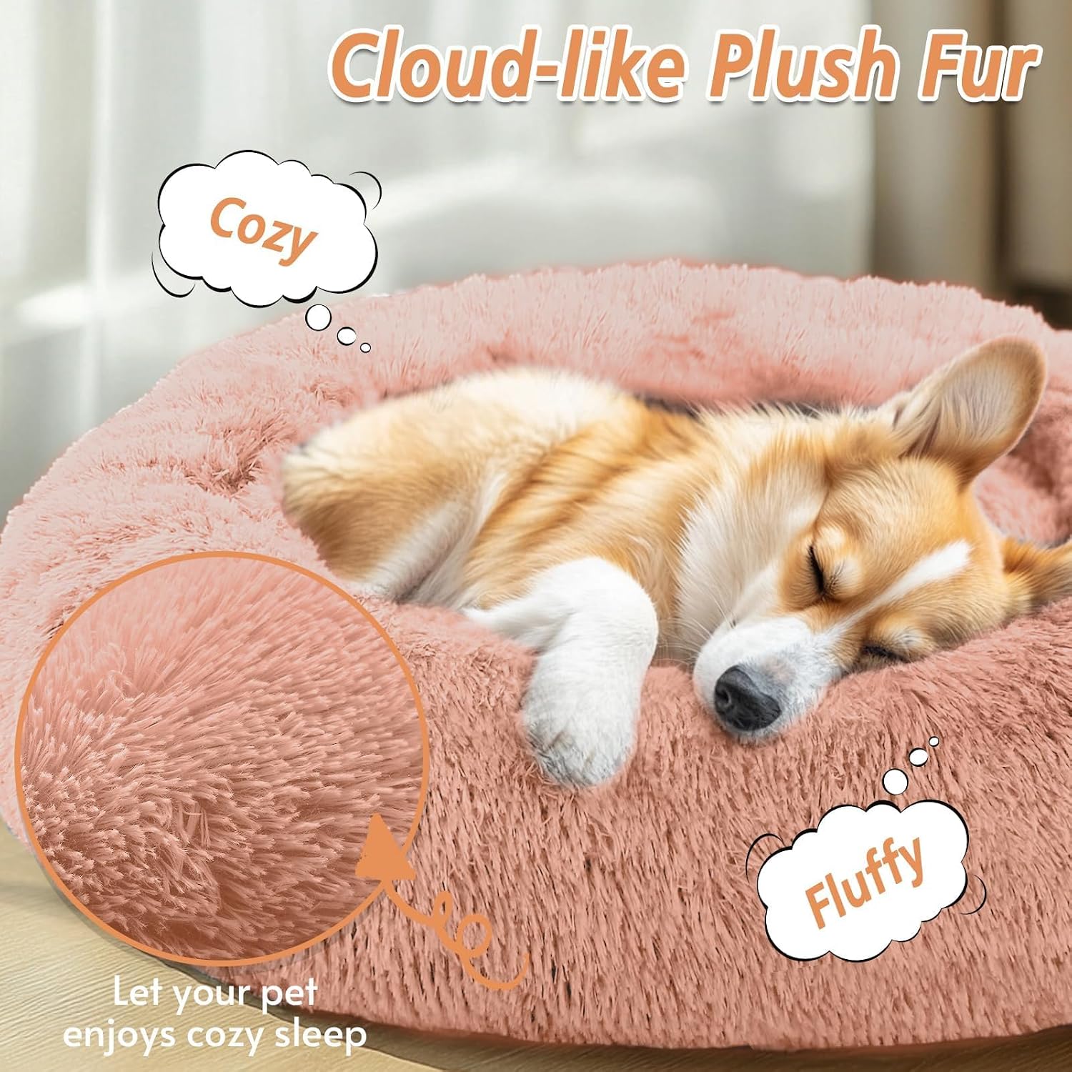 JOLLYVOGUE Calming Dog Bed Medium Size Dog, 31in Donut Washable Medium Pet Bed, Anti-Slip & Anti-Anxiety Fluffy Faux Fur Round Dogs Bed, Fits up to 45 lbs Pets (Peach Pink) Peach Pink 31.0"L x 31.0"W x 8.0"Th