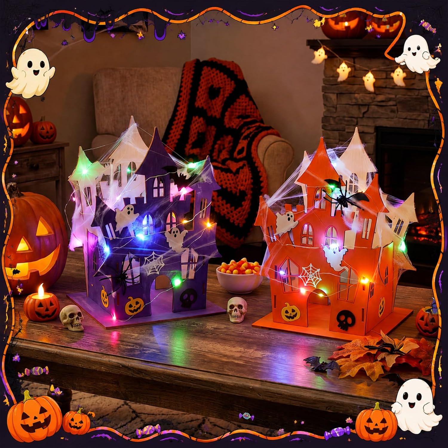 DoubleFill 6 Set Halloween Wooden Castle House Craft Kits, DIY image 4