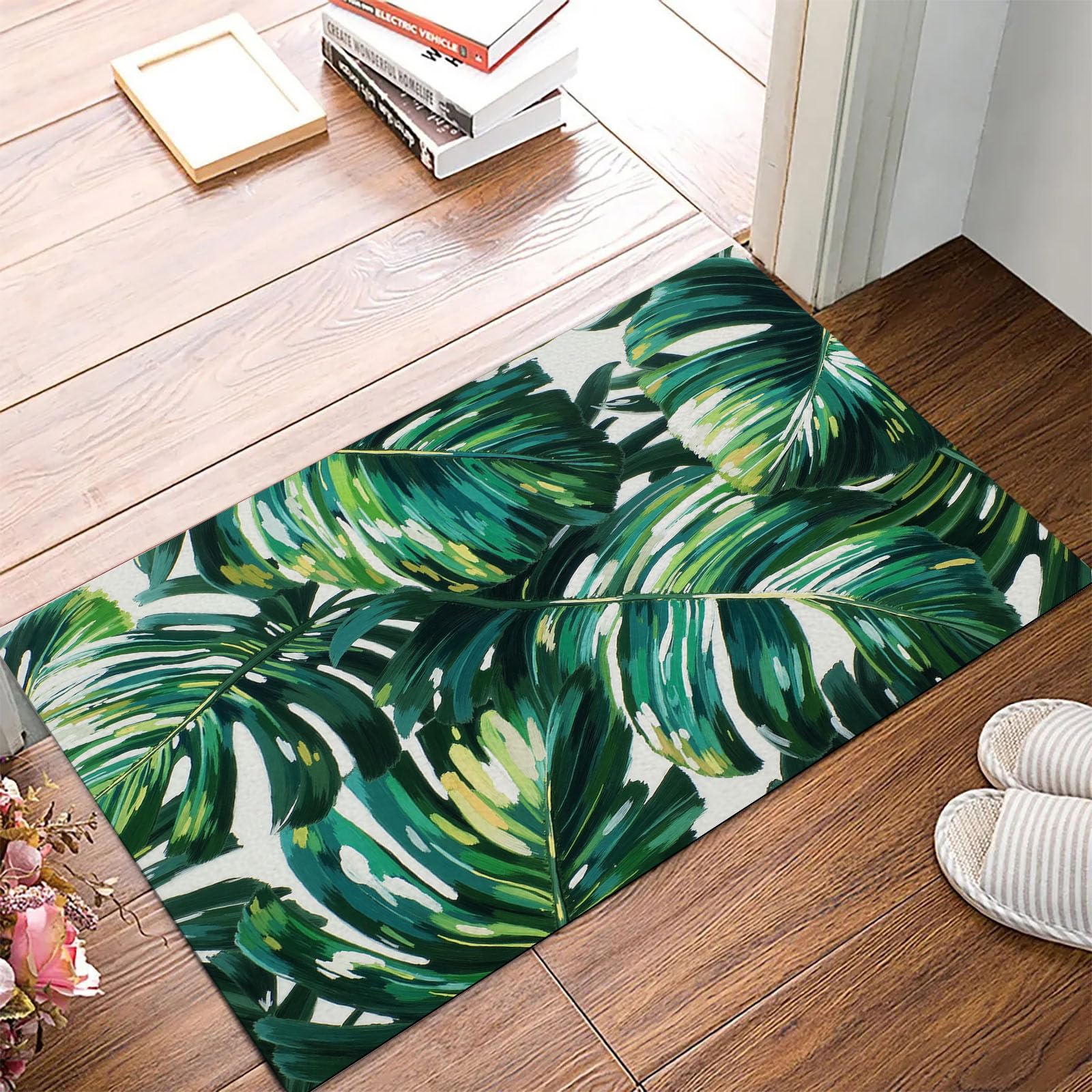 Paillasson 80x120cm Feuilles Palmier Vert Forêt Antidérapant pour Entrée et Cuisine