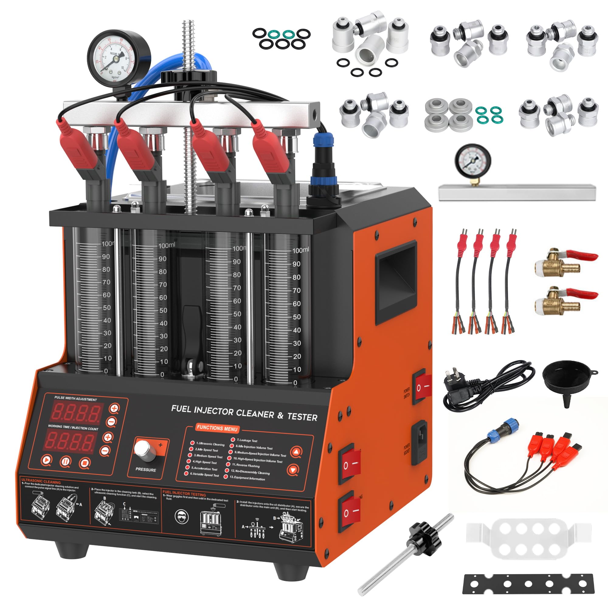 Fuel Injector Cleaner Tester Machine, 13 Test Modes 110V Ultrasonic Fuel Injector Cleaner Kit with Heating, 4-Cylinder Auto Fuel Injector Tester for Diesel Gasoline Car Motorcycle