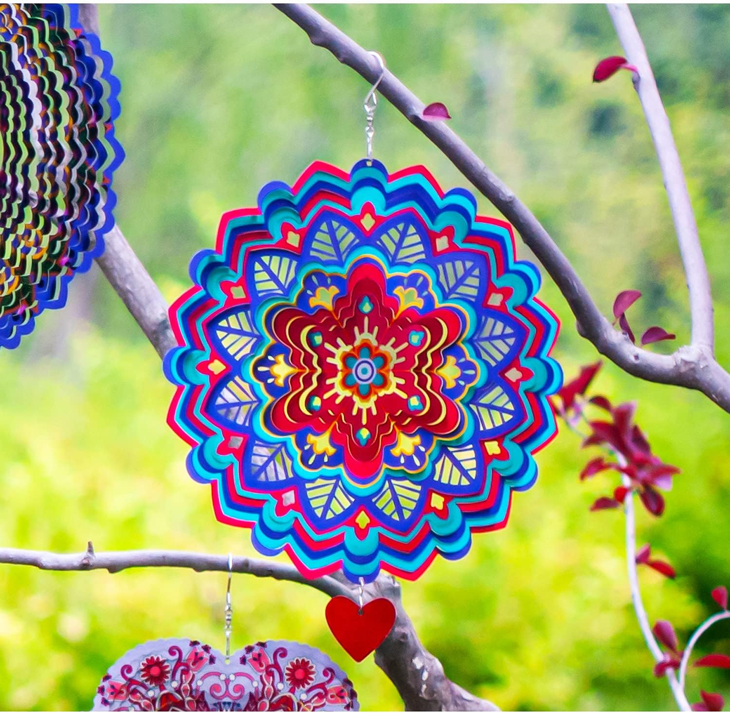 SteadyDoggie Wind Spinner Mandala Hibiscus 12 inches - 3D Stainless Steel Hanging Garden Decor - Laser Cut Colorful Metal Art Geometric Pattern - Kinetic Yard Art Spinner for Indoor and Outdoor Use