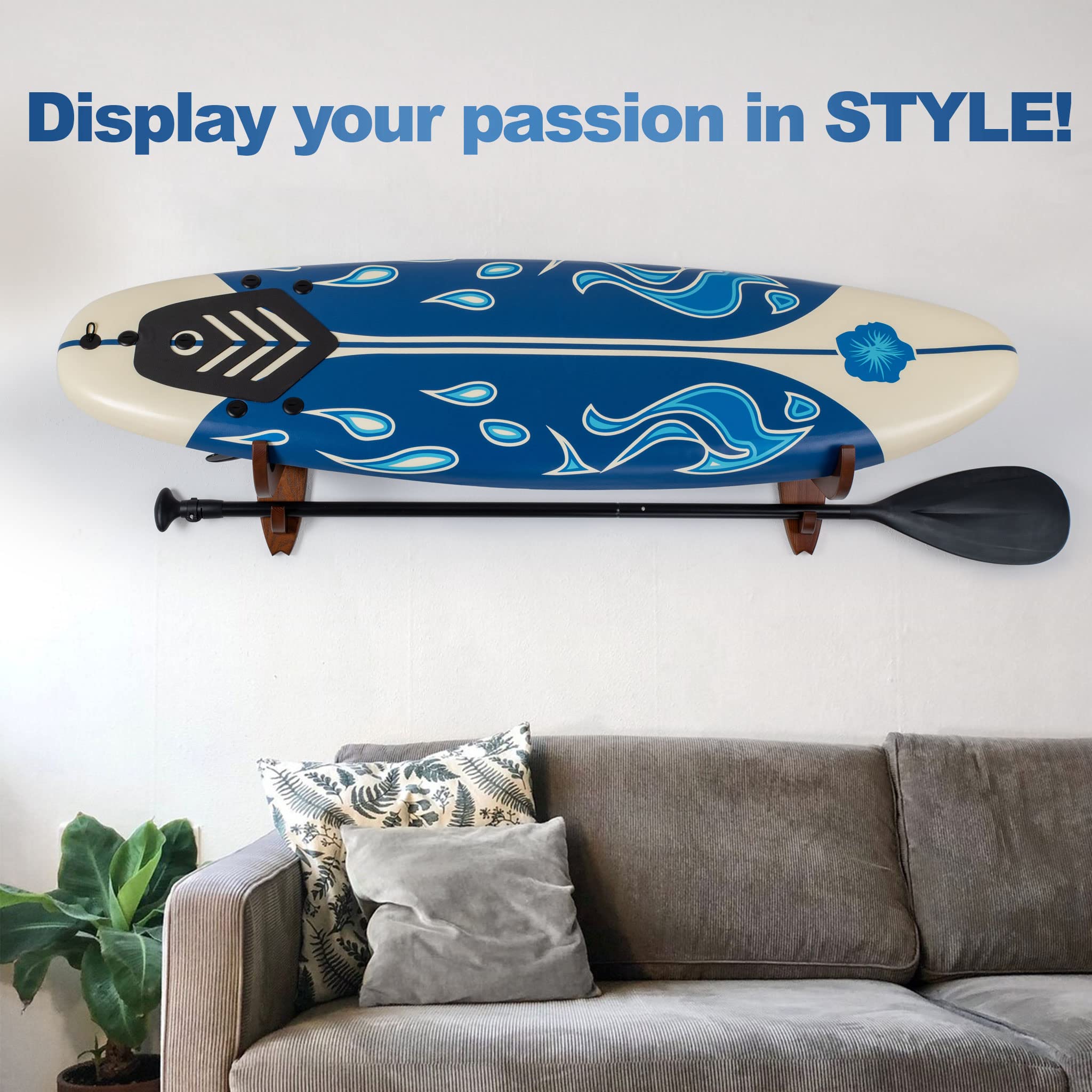 TESLYAR Soporte para tabla de surf madera de fresno acabado natural marrón grande
