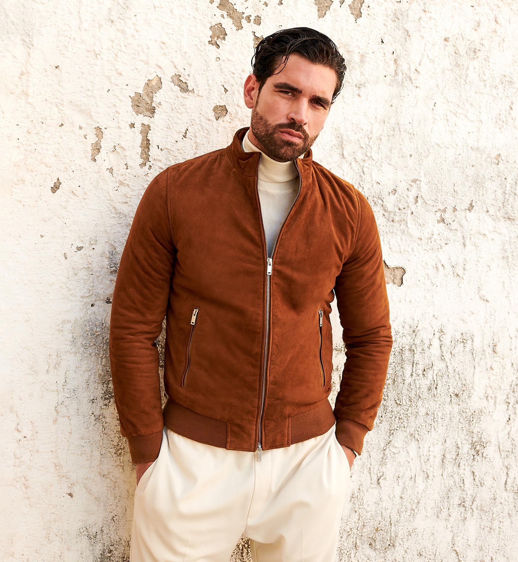 D'Arienzo Bomber Pelle Camoscio Color Cuoio Uomo Primaverile Vera Pelle 1006