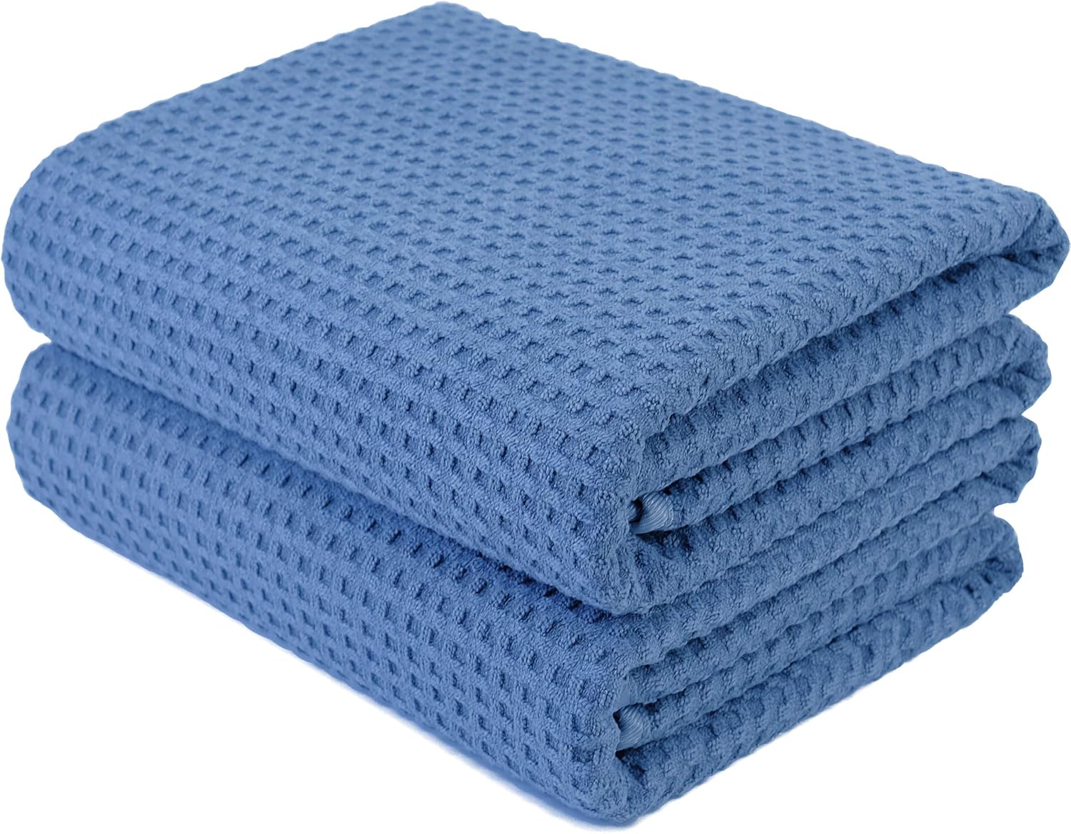 POLYTE Microfiber Oversize Quick Dry Lint Free Bath Towel, 60 x 30 in, Set of 2 (Blue, Waffle Weave)