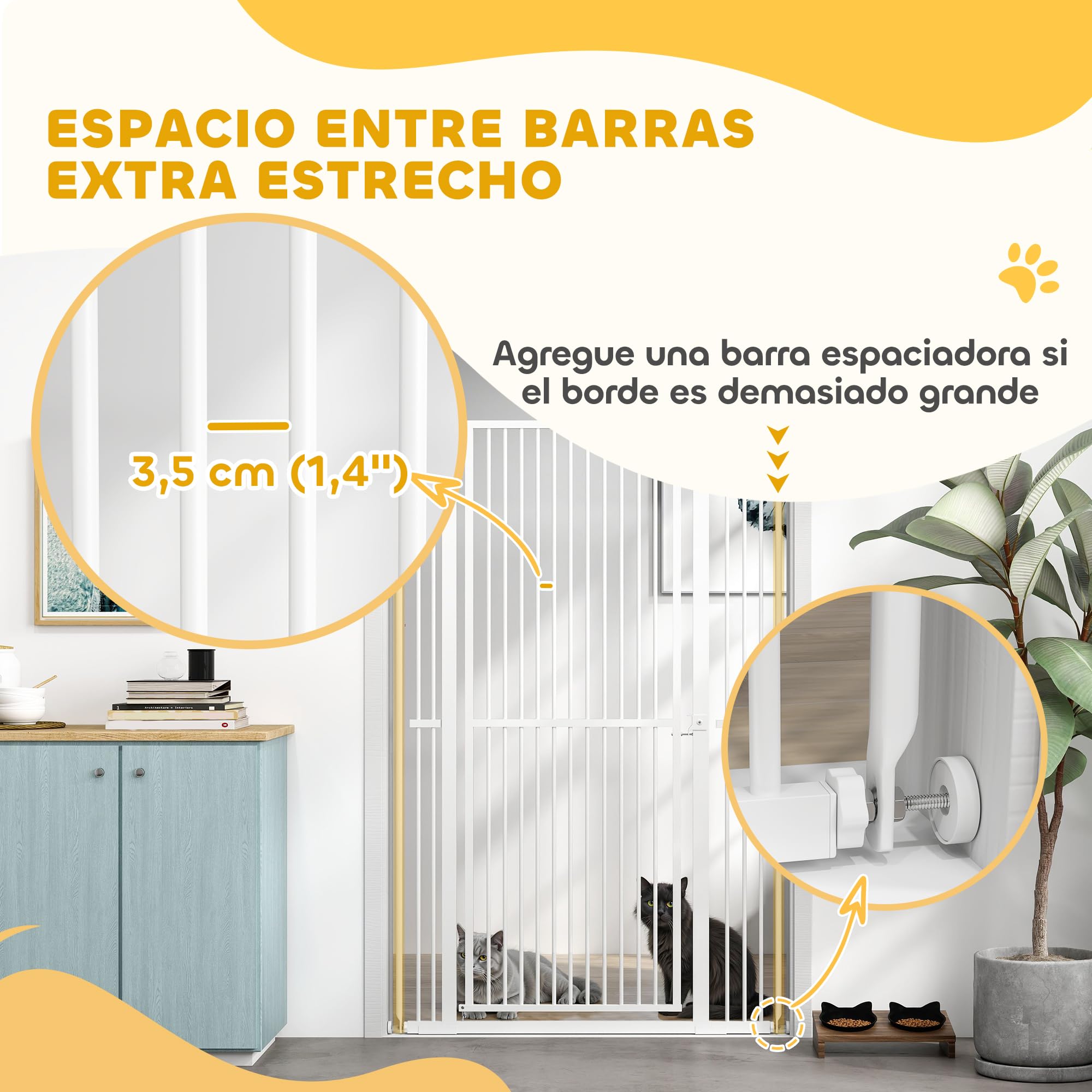 PawHut Barrera de Seguridad para Perros y Gatos Extra Alta 150 cm, Barrera para Perros Extensible 77-104 cm para Puertas y Escaleras, con Montaje a Presión, 2 Extensiones y Puerta de Paso, Blanco
