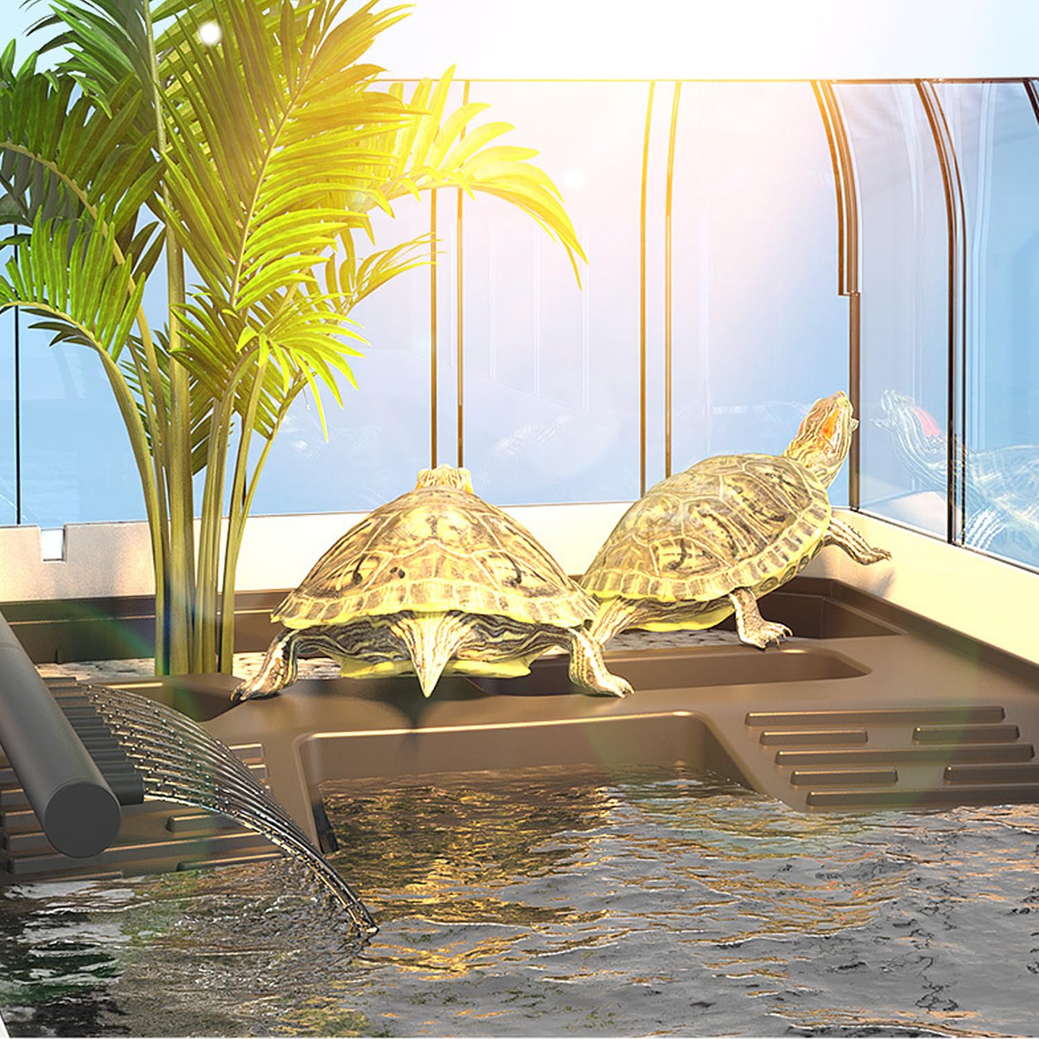 Tanque De Tortuga Extra Grande, Acuario De Tanque De Tortuga con Cubierta De Sol, Valla Transparente Extraíble, 5 Áreas para Disfrutar, Alimentar, Reproducción, Hibernación, Natación