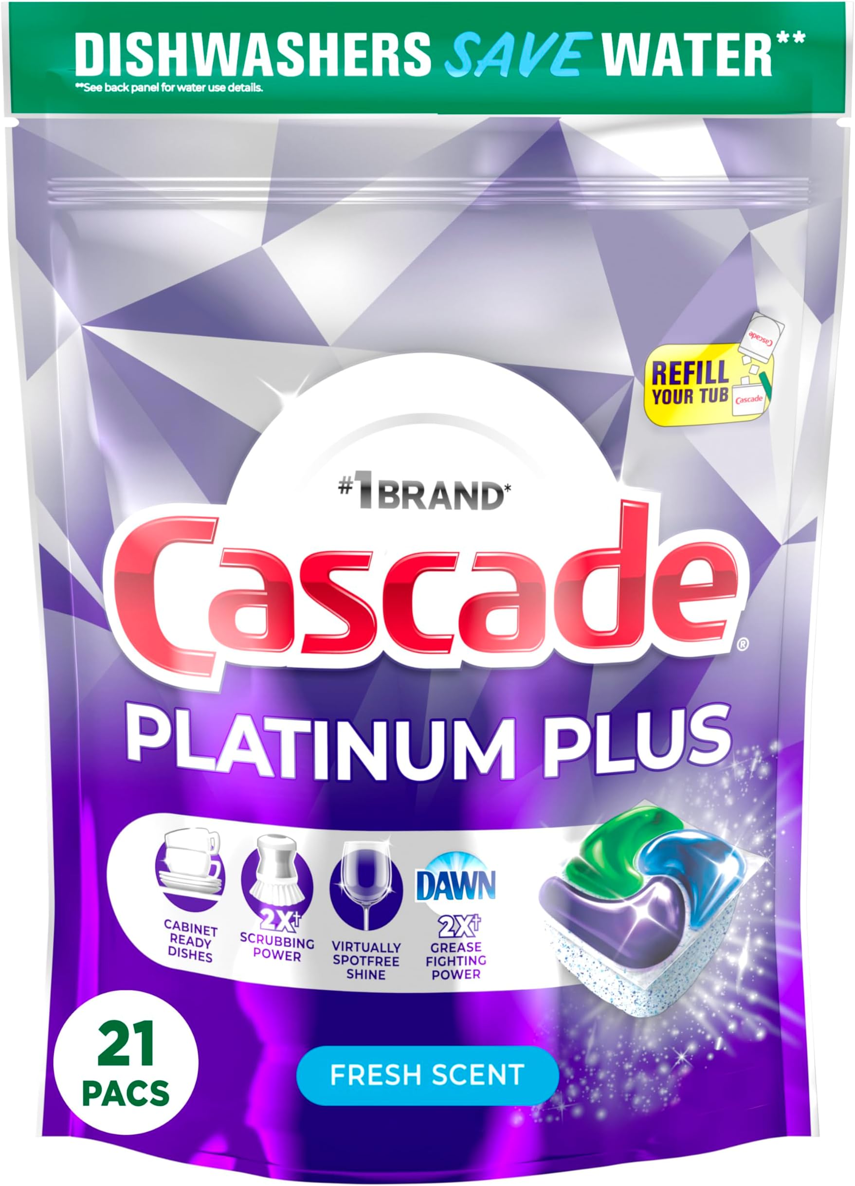 Platinum Plus Dishwasher Pods, Dishwasher Detergent, Dishwasher Soap, Dish Tabs, Dishwashing Tablets, Dish Detergent, Fresh, Actionpacs, 21 Count