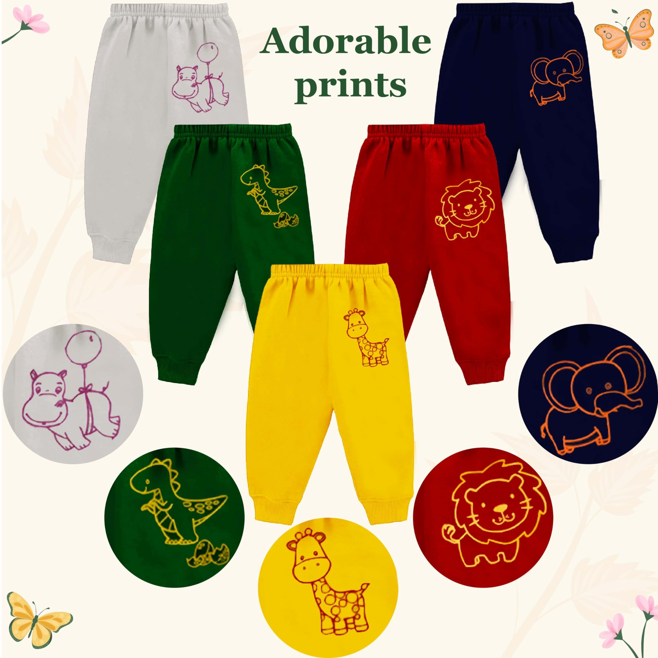 Chirsh Baby Boys & Girls Pyjamas Regular Fit Cotton Animal Printed Full Pants | Kids Pyjama | Track Pants | Infants Lower | Toddlers Joggers (Pack Of 5) 2 Years-3 Years 1