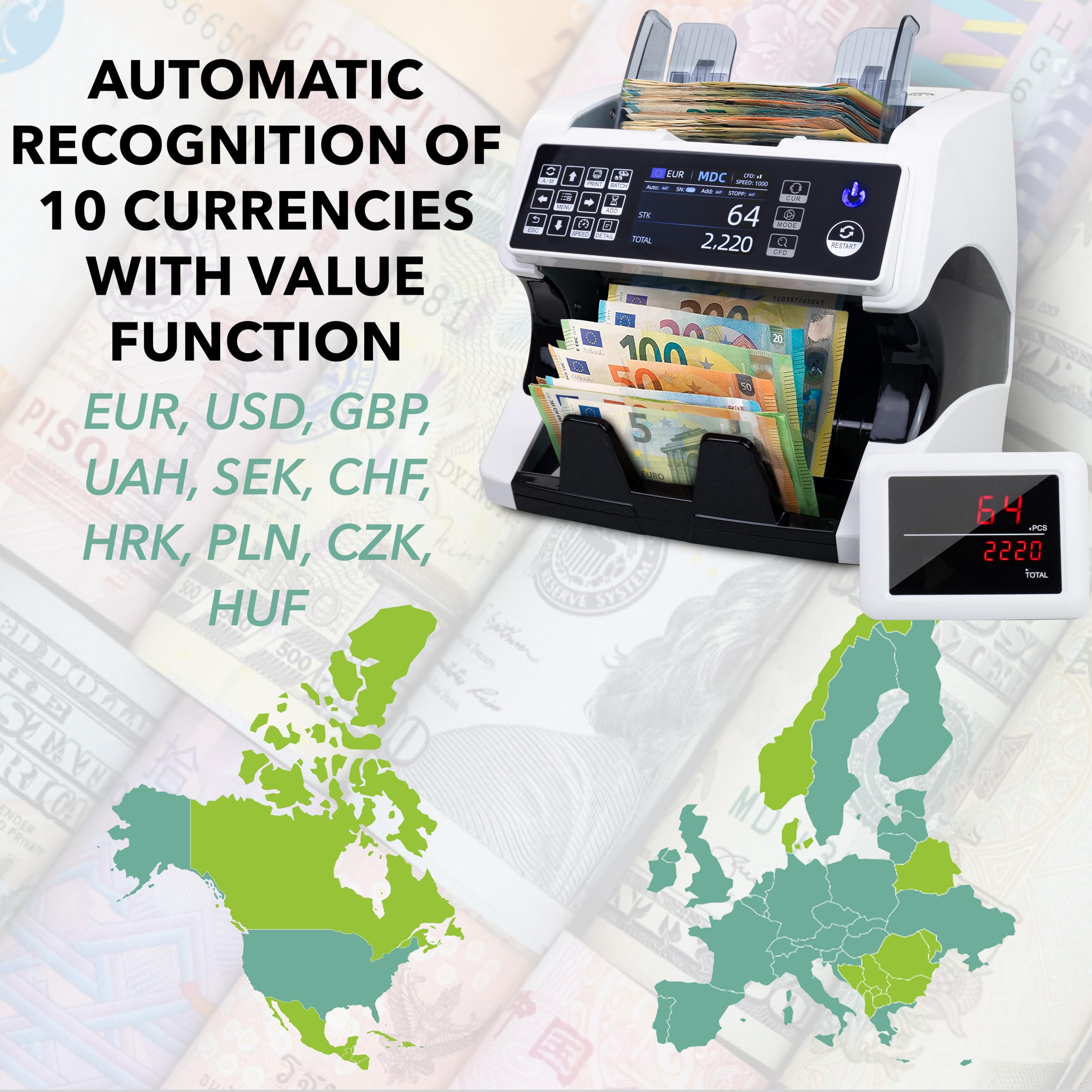 MV-500 Compteuse de billets de banque mixtes Bundle avec Jubula MPR-1 | EUR USD GBP etc. | Sûr | Exact | Compteur de valeurs pour billets mixtes