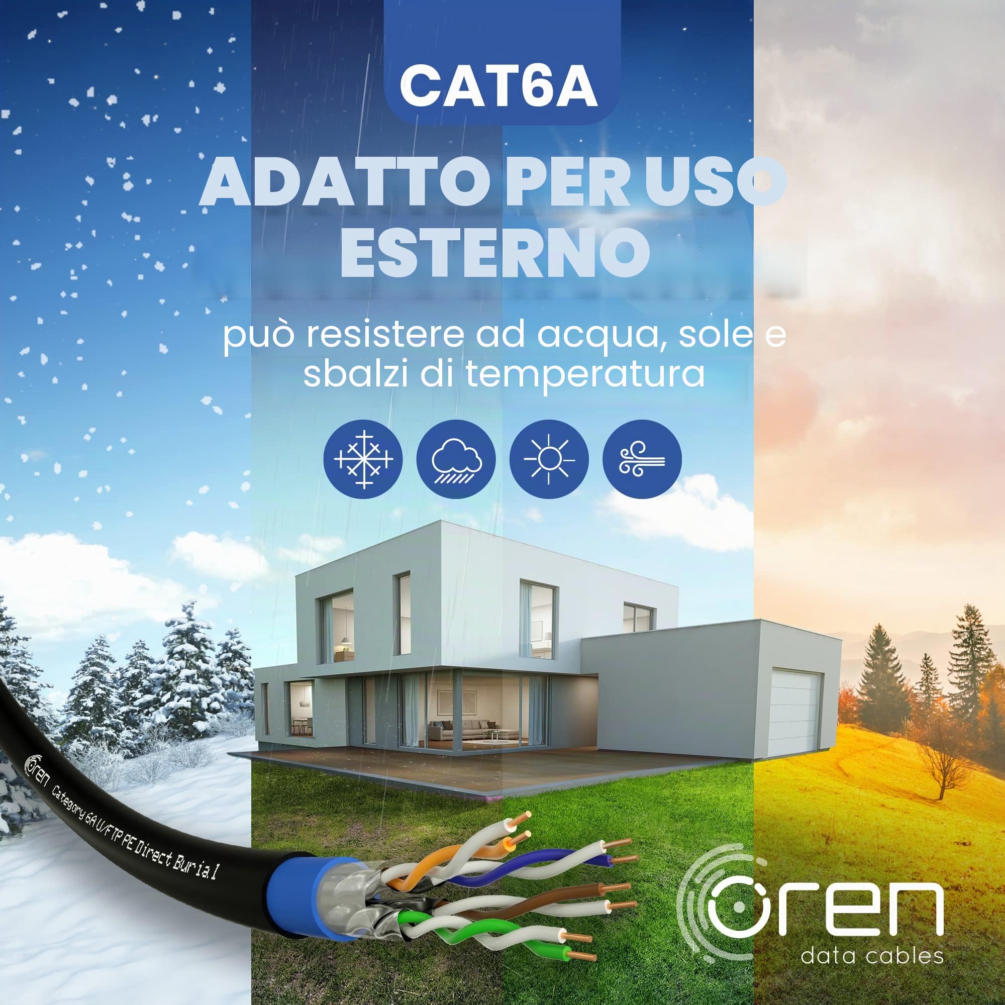 Oren CAT6A 50m Cavo Ethernet da Esterno - Interramento Diretto - 23 AWG Cavo in Rame Nudo – 500 MHz Larghezza Banda U/FTP Cavo di Rete LAN Internet, senza alogeni, anticorrosivo- 10GbE