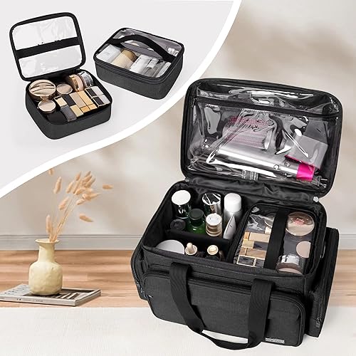 Miniatura 2 de BAFASO Bolsa de maquillaje grande con 2 bolsas extraíbles y separadores desmontables, bolsa de cosméticos multifuncional para guardar maquillaje y