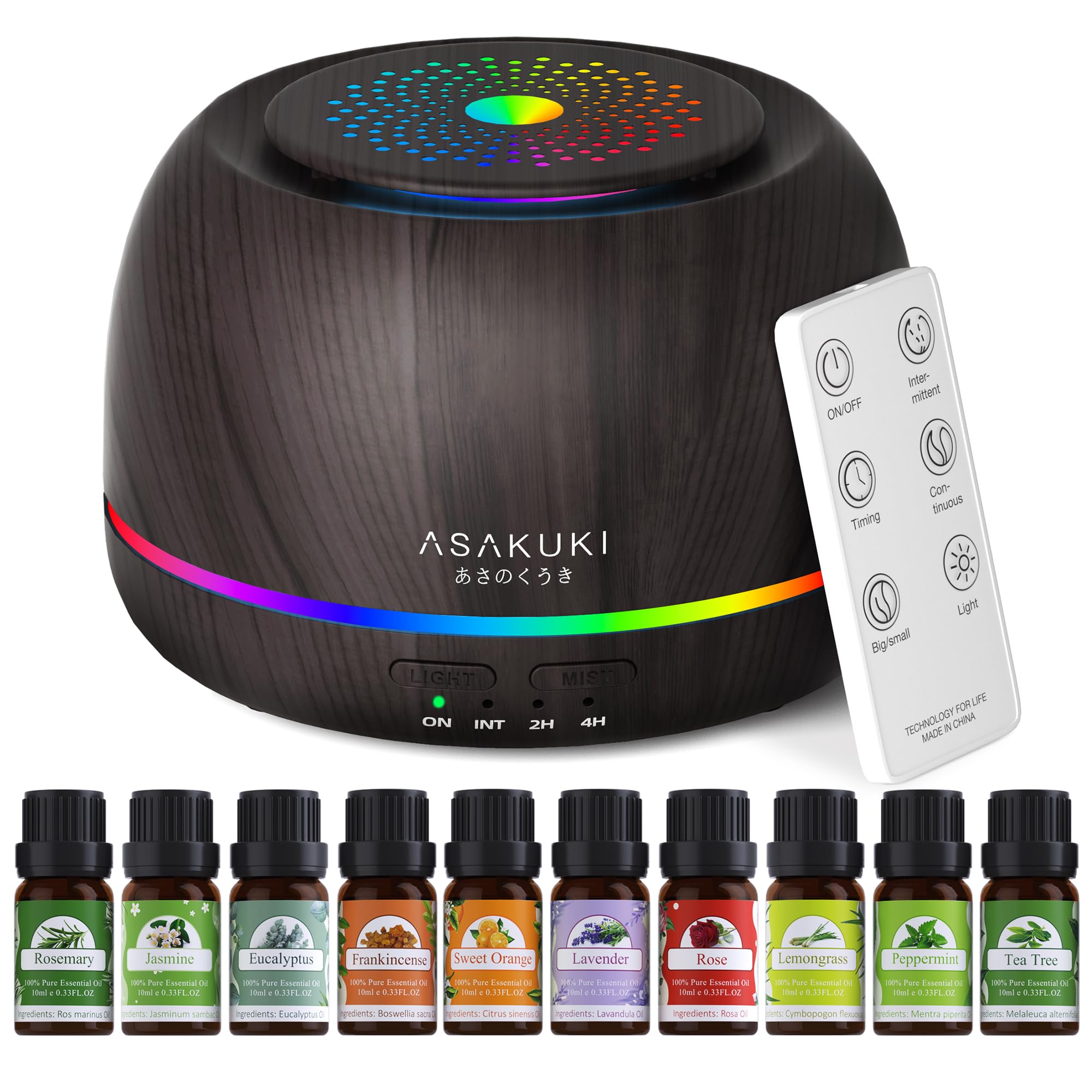 ASAKUKIEllipse Essential Oil Diffuser with 10 Oils Set, 5 in 1 Ultrasonic 300ML Aromatherapy Scent Humidifier Vaporizer with Remote Control, Timer, Auto-Off-Black
