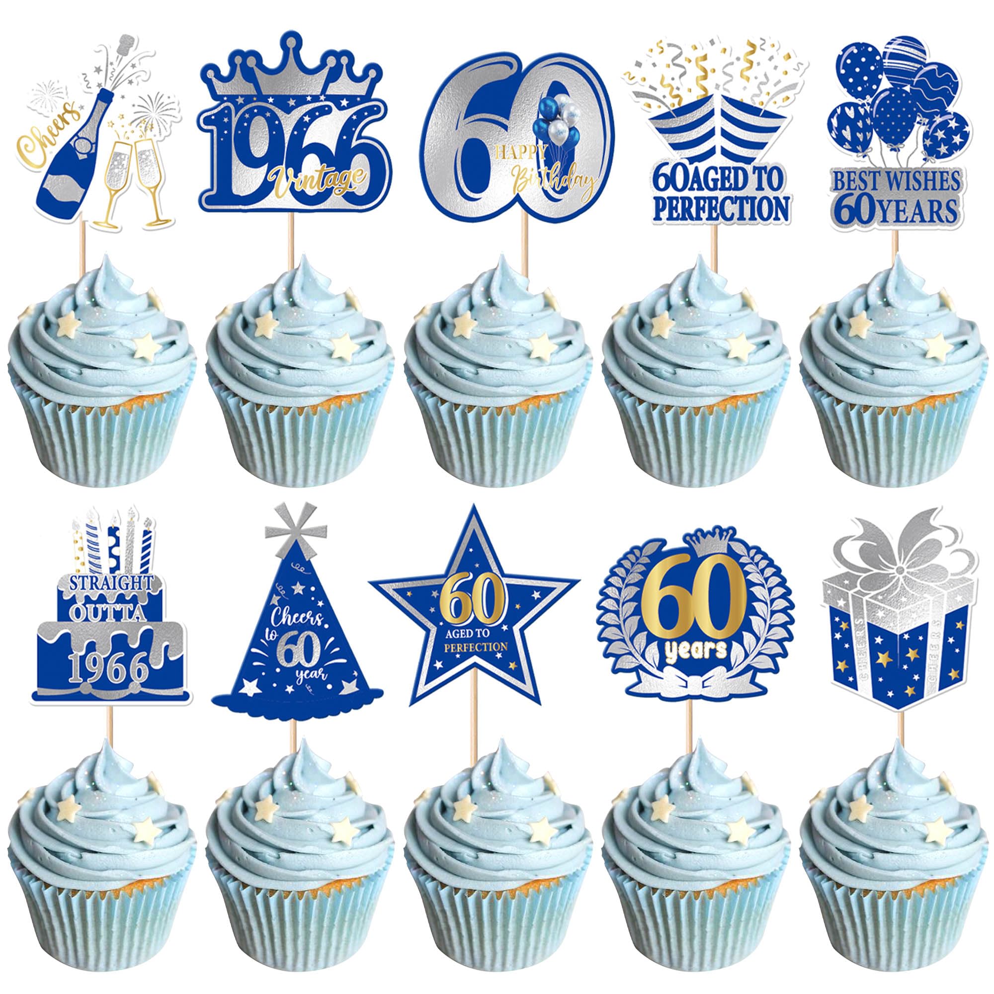 Xsstarmi 40 Pack 60th Birtday Cupcake Toppers Best Wishes 60 Years Aged to Perfection Straight Outta 1956 Cupcake Picks for Cheers to 60 Birthday Party Cake Decorations Supplies