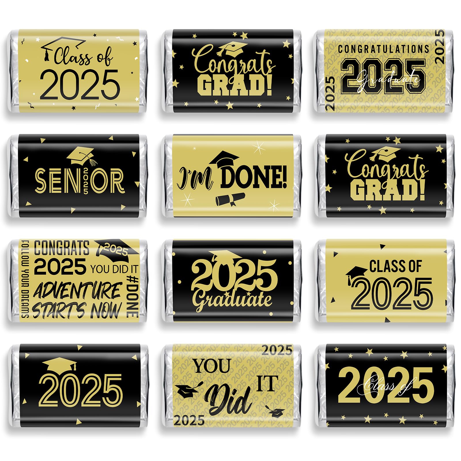 100Pcs Graduation Decorations Class of 2025 Candy Bar Wrappers,Black and Gold Congrats Grad Mini Candy Stickers Chocolate Bar Labels for College High School Graduation Party Favors,Candy Not Included