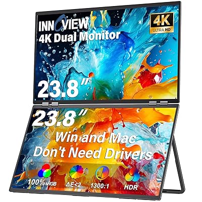 InnoView 23.8" Dual Portable Monitor 100% sRGB 3840x2160P 4K 315°Adjustable Dual Stacked Foldable Monitor Built-in Speakers Screen Extender with HDMI/USB-C/DP for Laptop Windows Mac