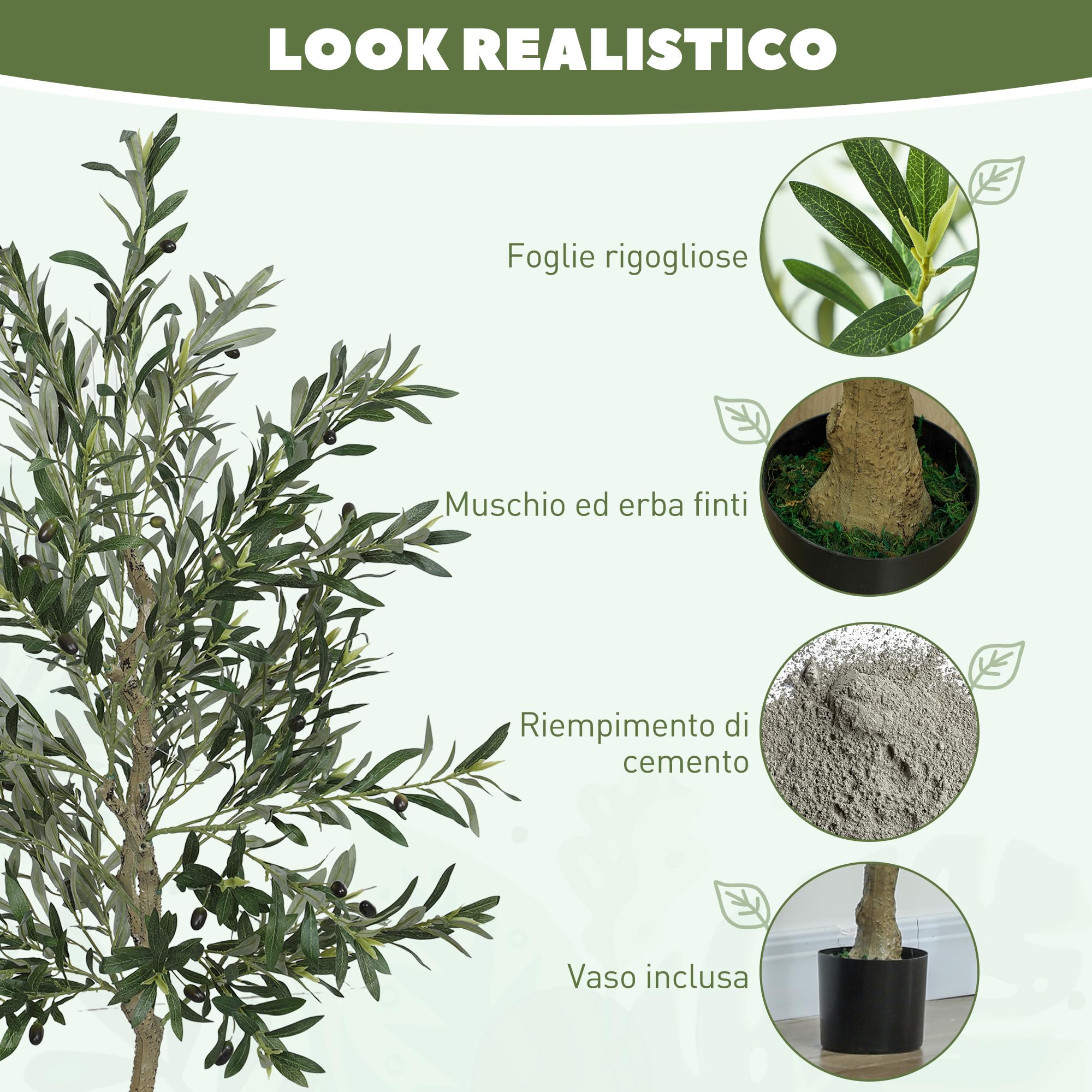 HOMCOM Pianta Artificiale di Olivo Alta 180 cm, Albero Finto da Interno | 900 Foglie, 40 Olive, Vaso Incluso, Alberello Decorativo, Salotto Ufficio Ingresso