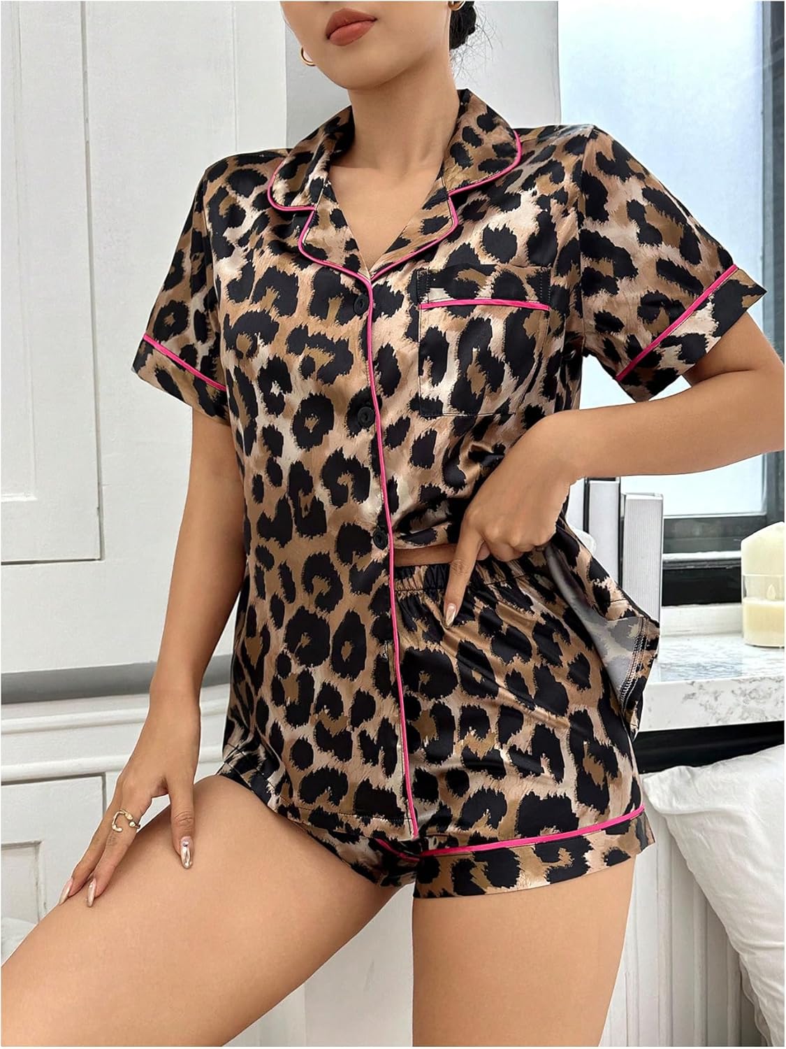 Women's 2 Piece Satin Pajama Set Leopard Button Front Short Sleeve Cheetah Collar S... - Image 5