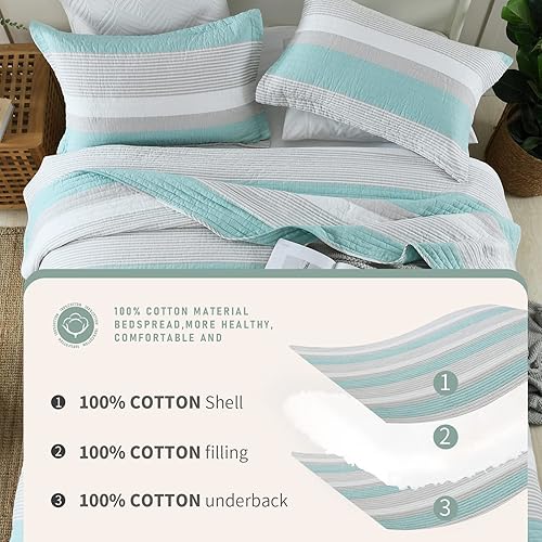 Miniatura 6 de Finlonte - Juego de edredón de tamaño queen a rayas, 100% algodón, ligera, suave y de color azul claro y gris, para todas las estaciones