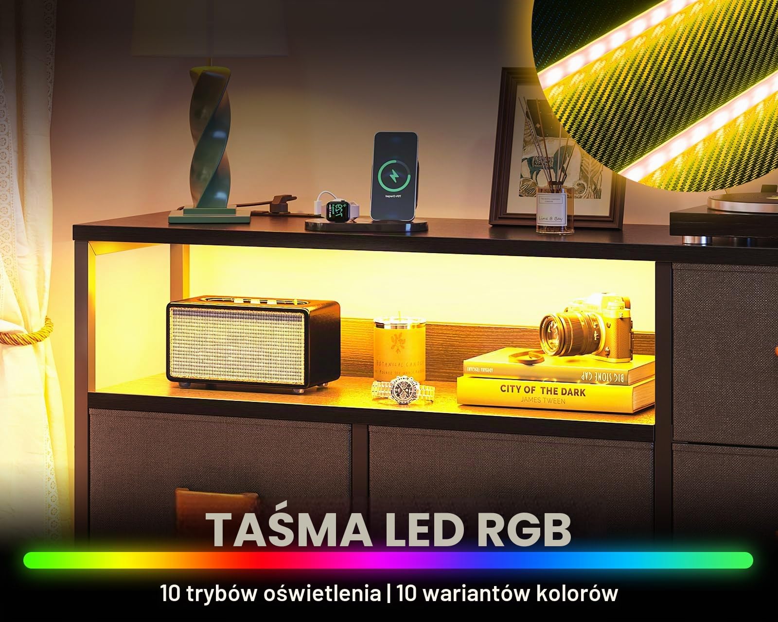 Coleshome Komoda z Oświetleniem LED, 2 Portami USB, 2 Gniazdkami