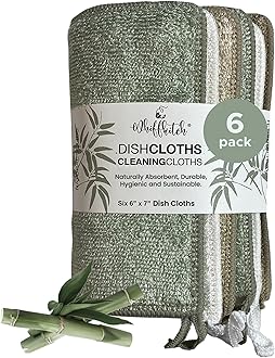 Dishcloths Dishrags for Kitchen and Household Cleaning 6x7 6-Pack Non-Scratch 2-Ply Weave, Rayon Derived from Bamboo, Absorbent, Washable, Long-Lasting