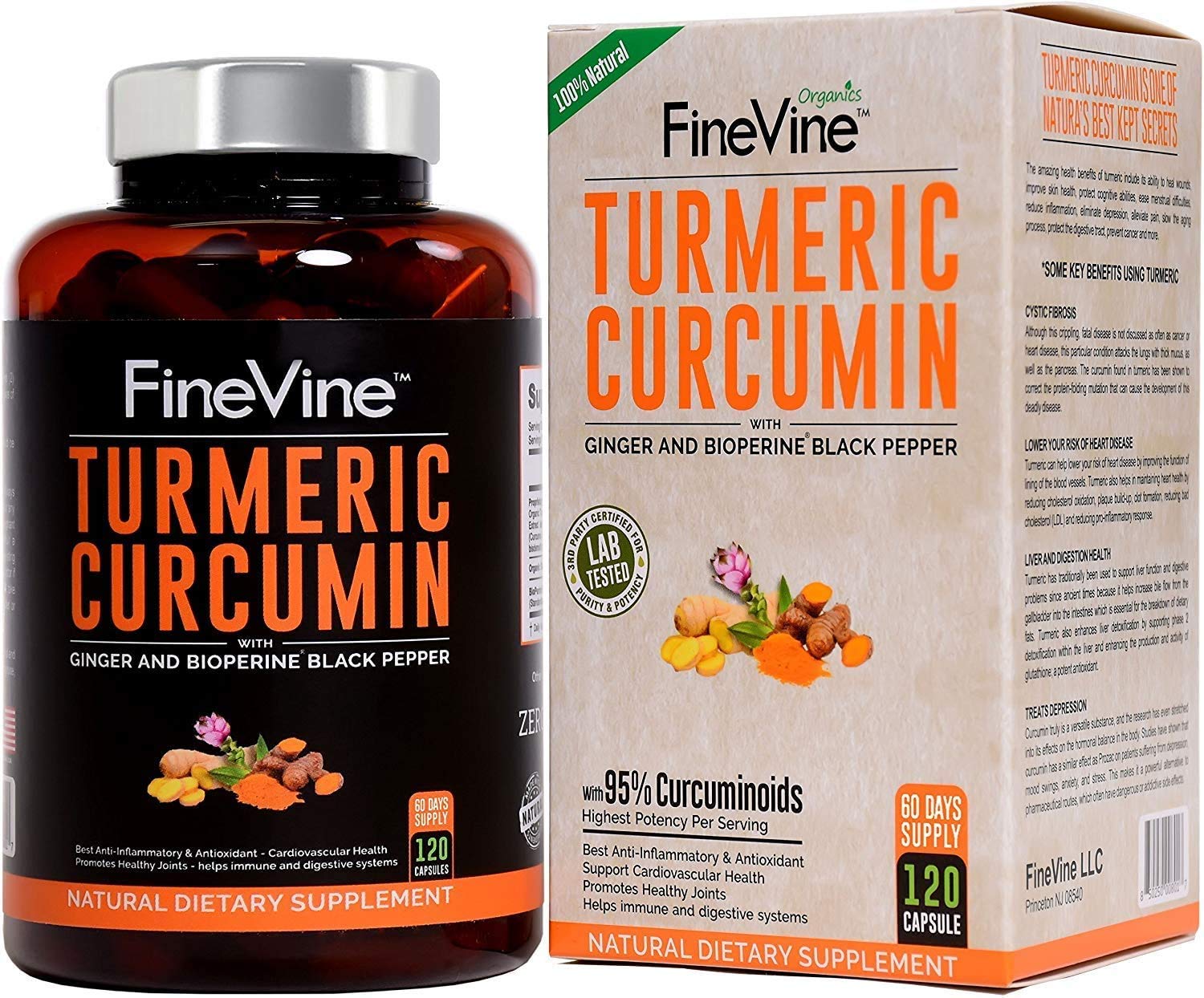 FineVine Turmeric Curcumin with BioPerine Black Pepper and Ginger (120 Vegetarian Capsules)