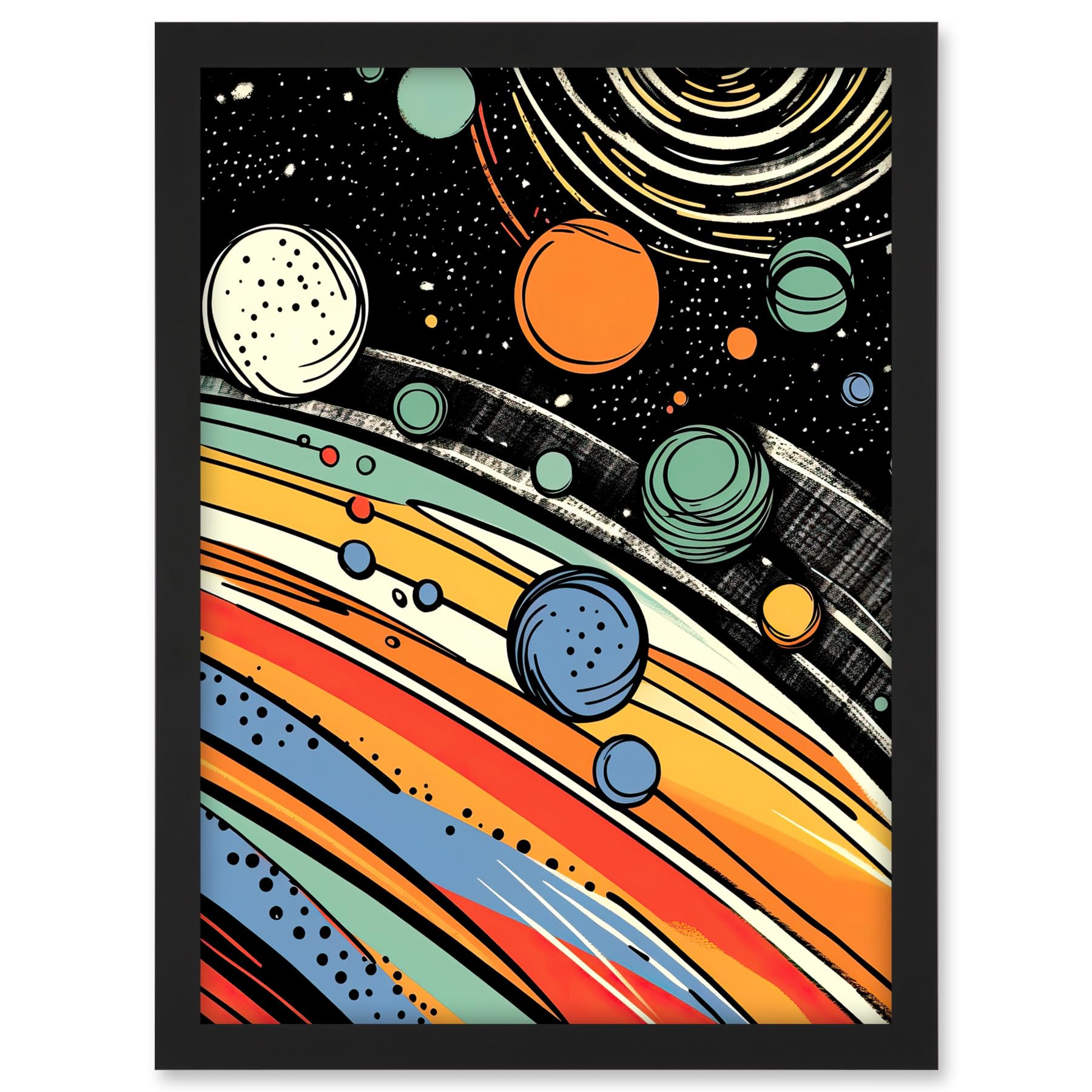 Artery8 Outer Space Comic Book Style Pastel Colour Milky Way Planets Rings Moons Sun Boys Room Artwork Framed A3 Wall Art Print