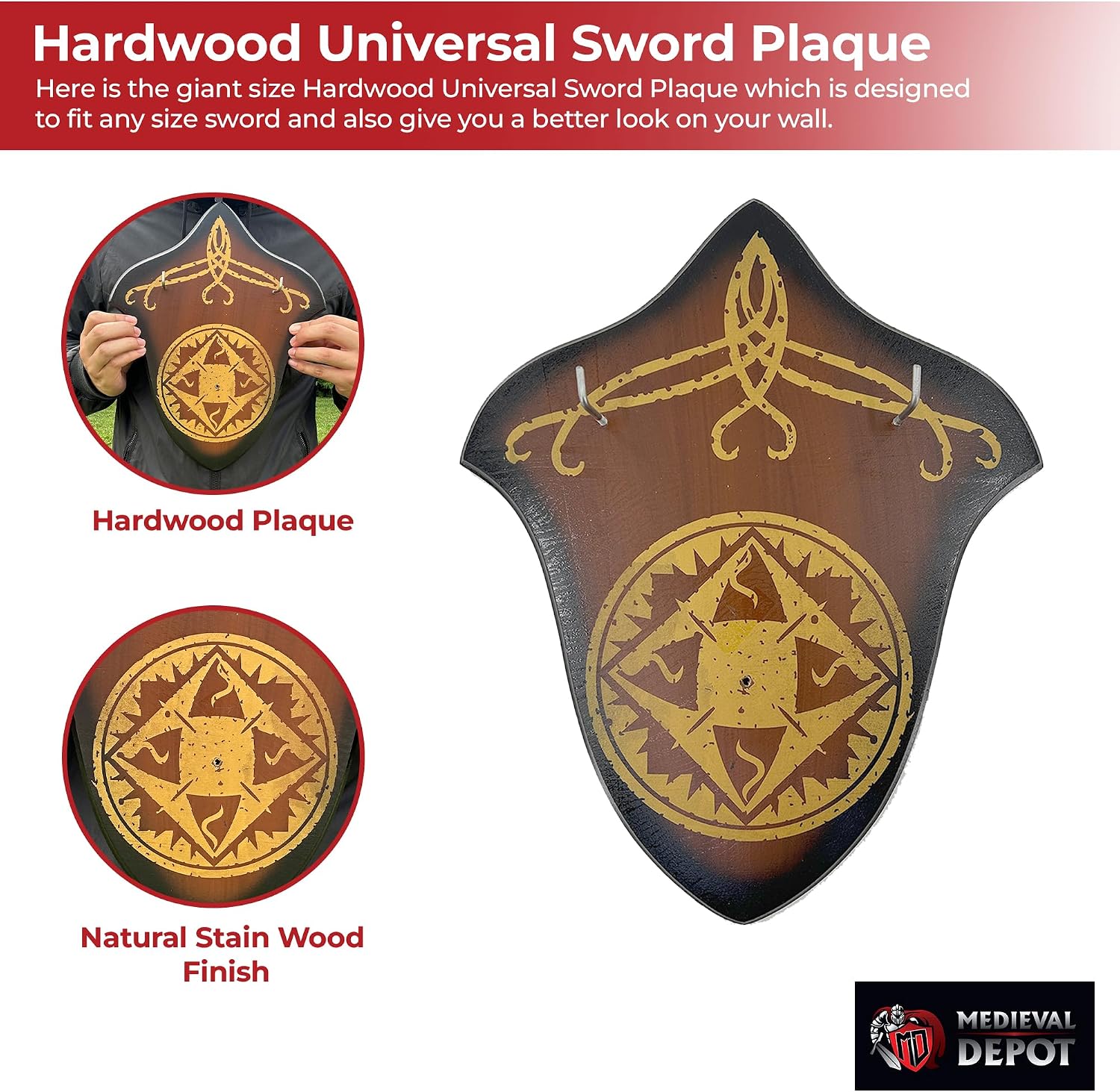 MedievalDepot Hardwood Universal Sword Plaque – Wall Mount Display for Decorative and Collectible Swords, Includes Mounting Hardware