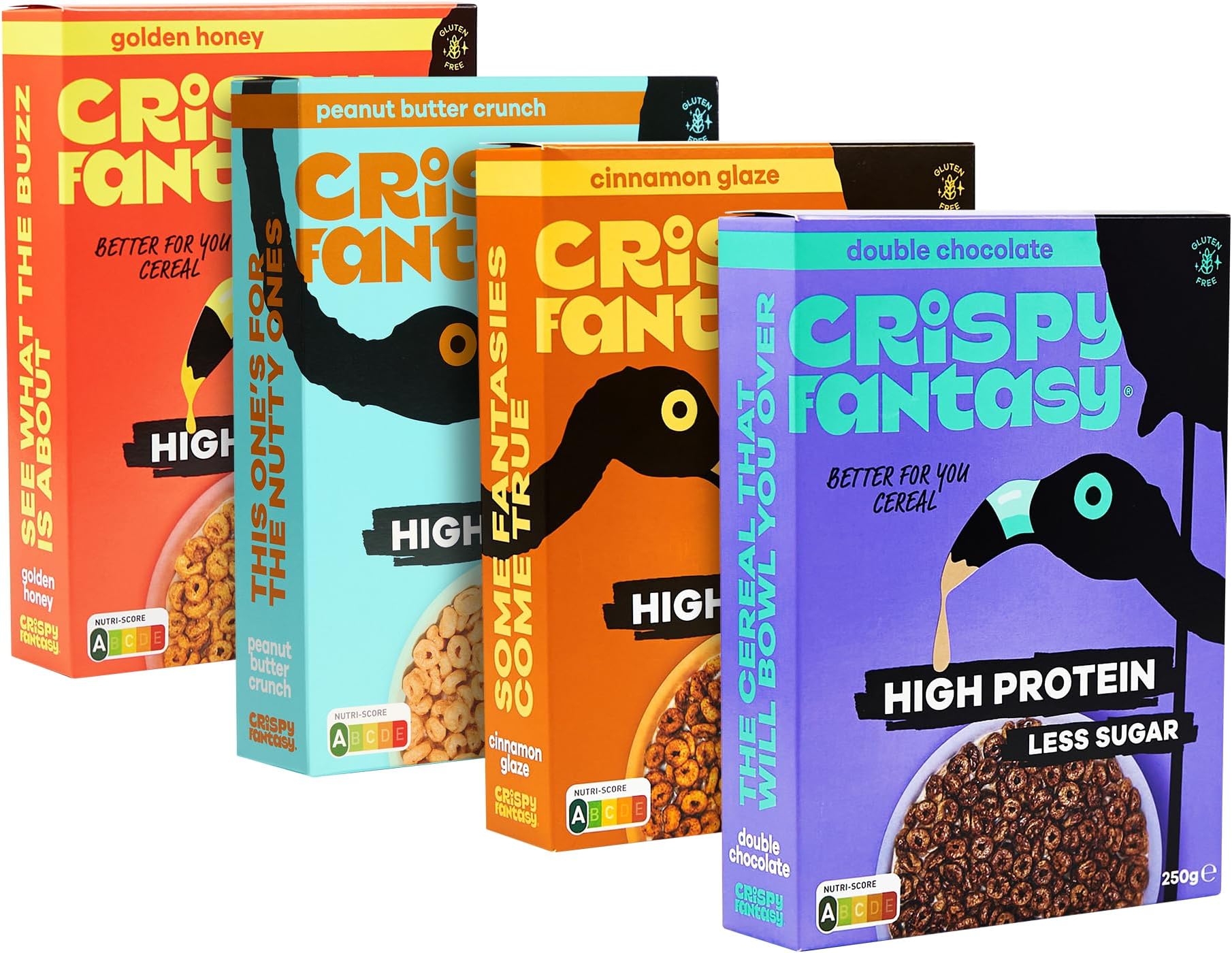 Crispy Fantasy Protein Cereal, Variety Pack, Gluten Free, Vegan, Low Sugar, Snacks, High Fibre, Plant Based, Just Add Milk, Healthy Breakfast & Adults, 8g Per Serving, 4 Boxes,Pack of 1
