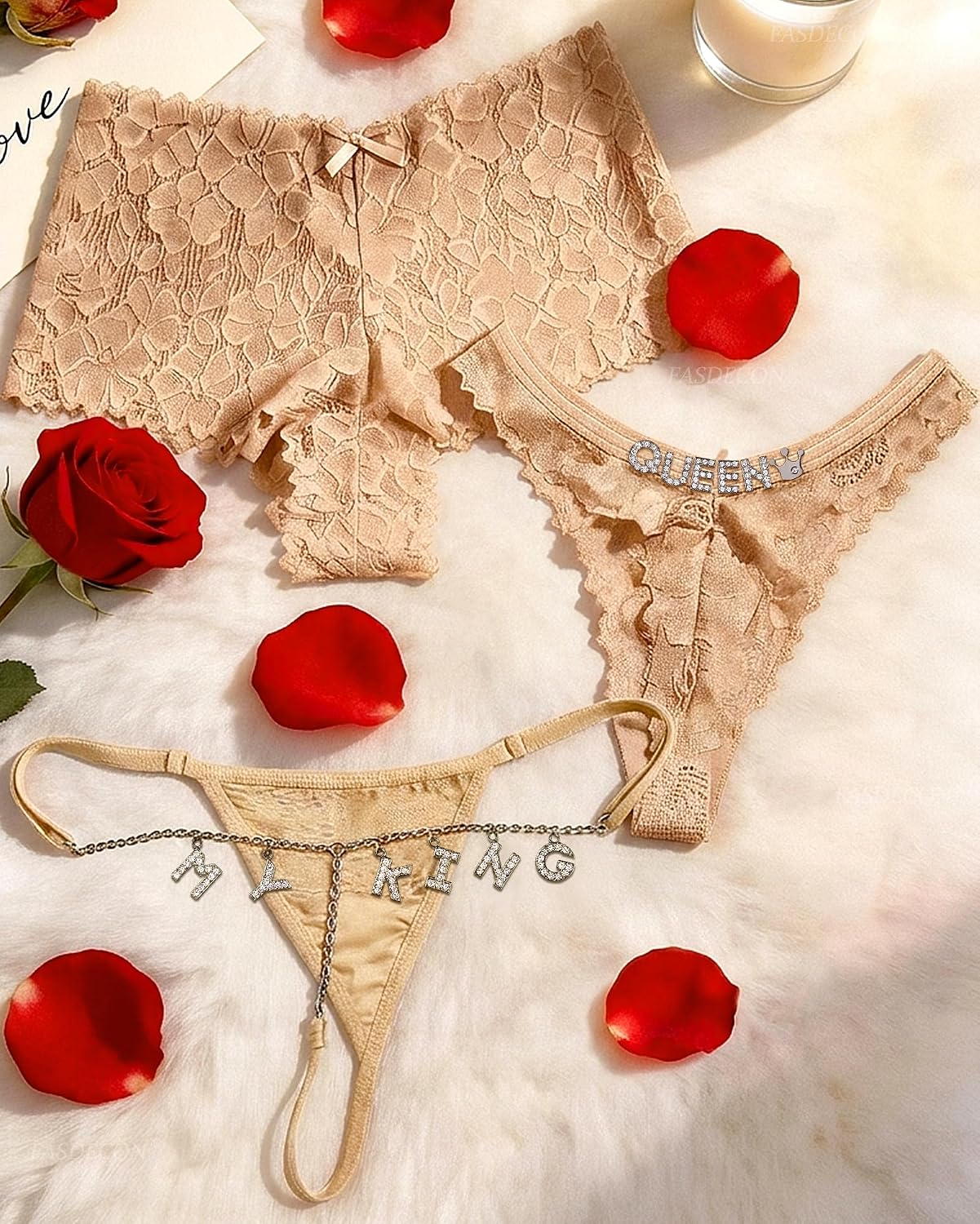 Sexy Lace Panties for Women 3 Pack, Boyshorts Cheeky Underwear, Rhinestone G String Thong & Floral Lace Shorts Set