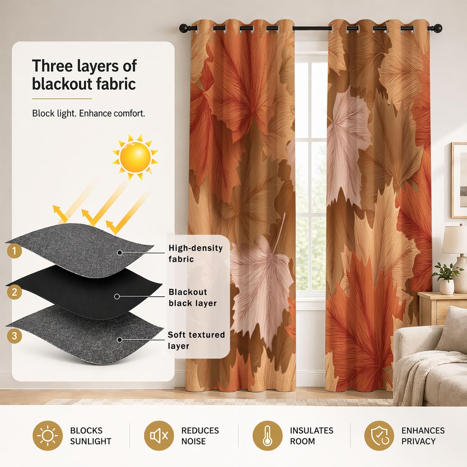 Generisch Herbstblatt Blattader Botanisch Vorhänge mit Ösen Gardinen Blackout Curtain Natürlich Ländlich Thermo Vorhang Weich Schlafzimmer Wohnzimmer Verdunklungsvorhänge 2er Set B 91.5 x H 214 cm