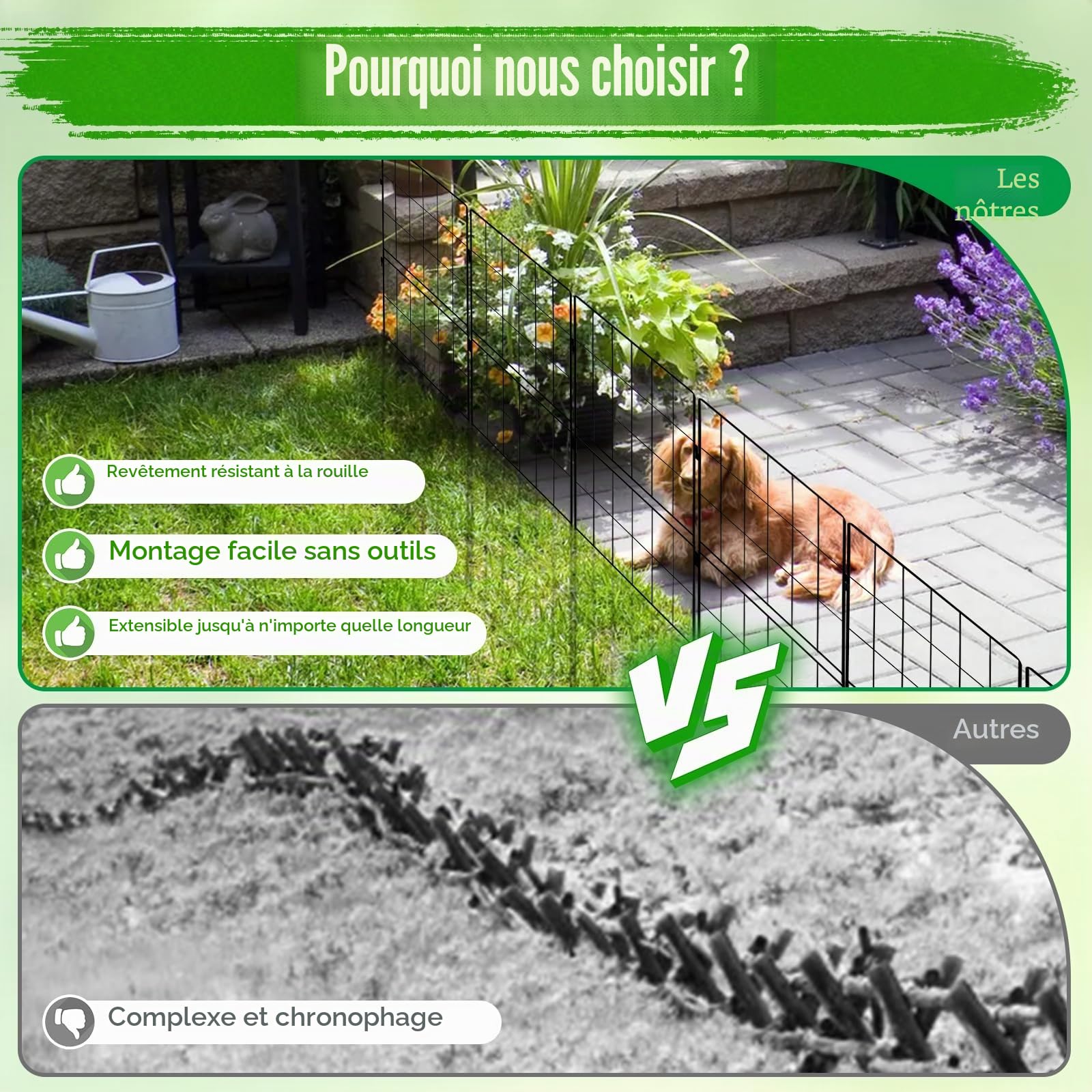 Lot de 10 Clôtures Jardin Extérieur, 81 cm(H) x 32 cm(L) Bordure Extérieur Métal Barrière de Jardin Décorative Antirouille Clôture pour Chiens, Barrière Animaux pour Cour, Terrasse, Pelouse