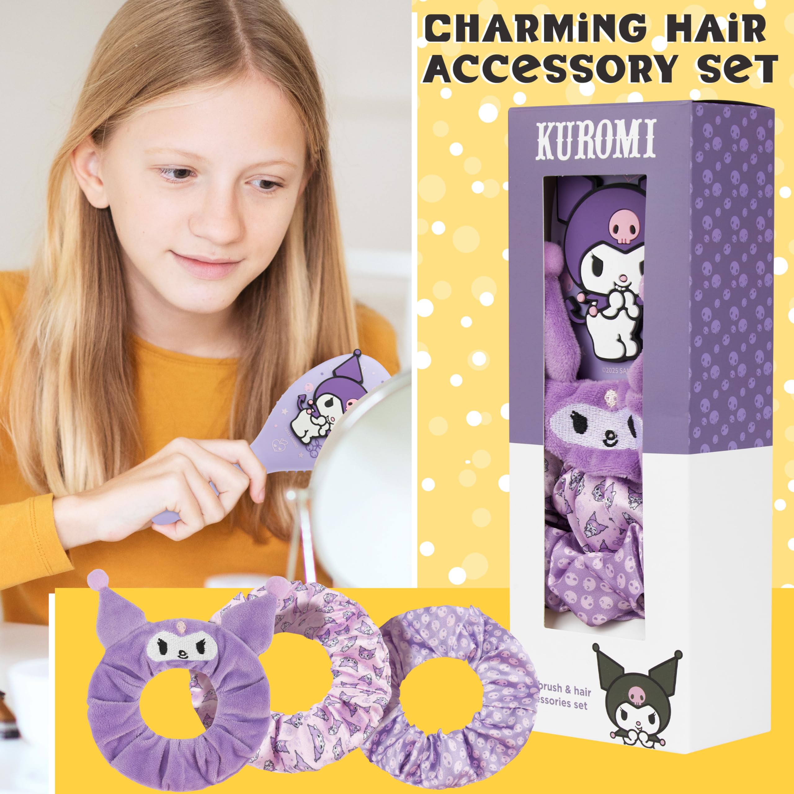 Hello Kitty Sanrio Hair Brush & Scrunchies Set for Girls Teens Cinnamoroll Kuromi Kawaii Travel Paddle Brush Detangler - Image 3