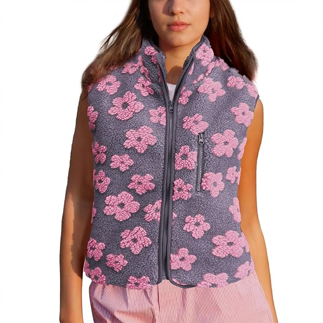 Womens Floral Print Fleece Vest Fall Winter Sherpa Sleeveless Jacket Lightweight Zip Up Cropped Gilet with Pocket