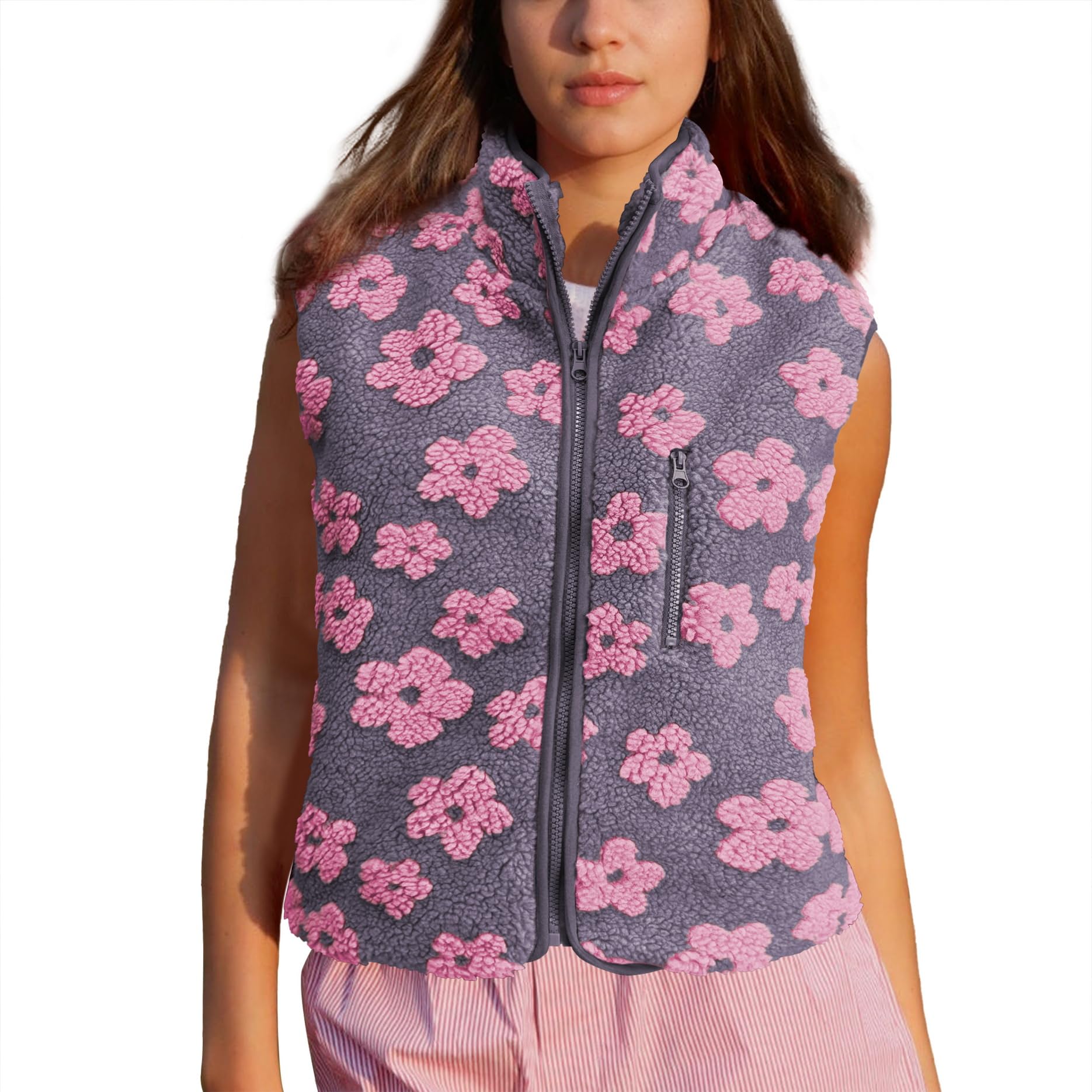 Womens Floral Print Fleece Vest Fall Winter Sherpa Sleeveless Jacket Lightweight Zip Up Cropped Gilet with Pocket
