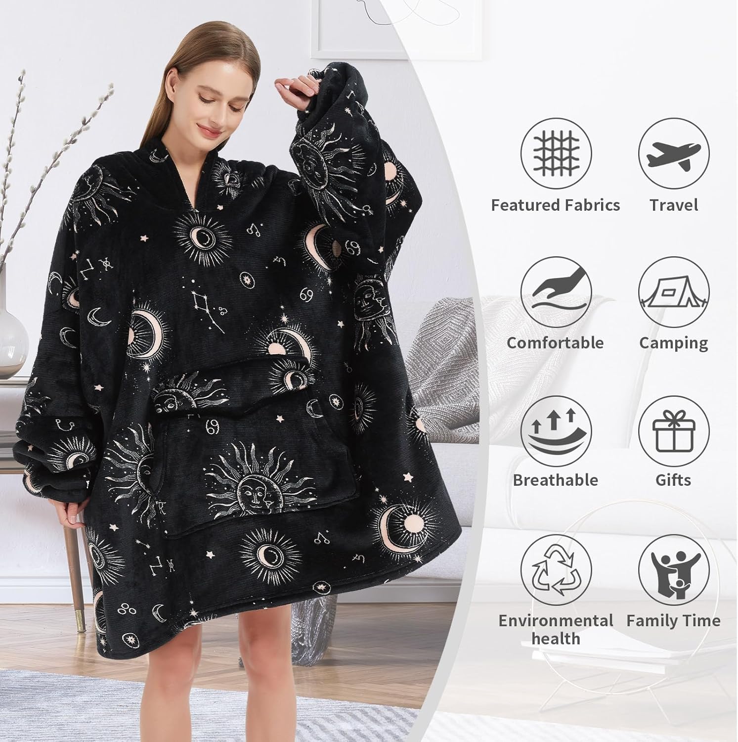 Fiosnow Sun and Moon Blanket Hoodies for Women and Men Adult Oversize Wearable Blanket Hoodies for Soft and Warm - Image 3