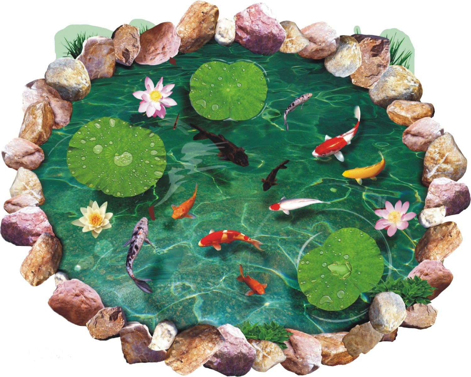 Colorful Fishes with Lotus and Leafs in Green Water, 3D,Peel and Stick, PVC Vinyl, Easy to use, (Multicolor) Size :- 59 cm X 45 cm, Pack of 1, Brand :- Jump up
