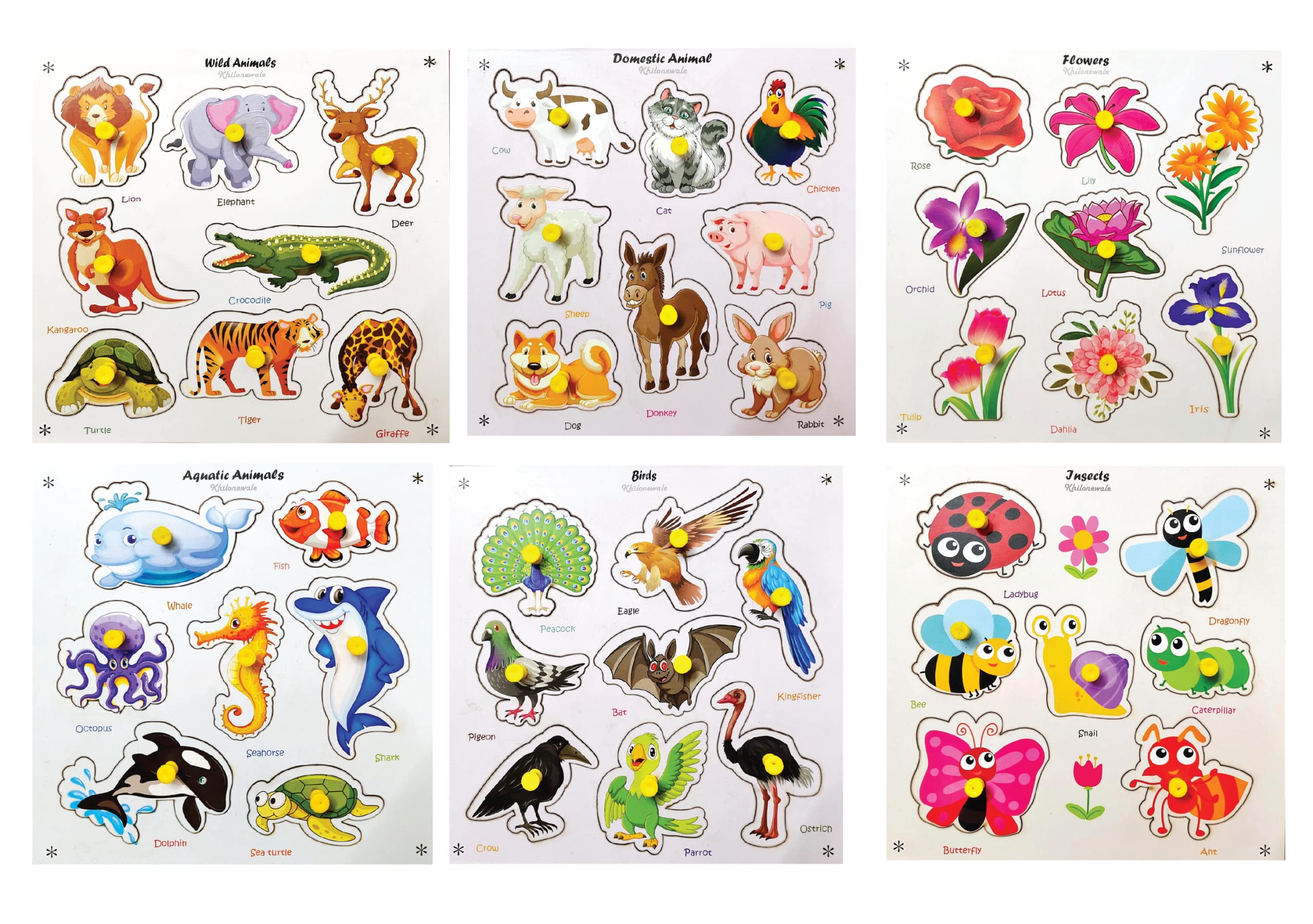 Khilonewale Wooden Educational Colorful Animals, Domestic Animals, Aqua Animals, Birds, Flowers, Insects Wooden knob Puzzle for Preschool Kids- Set of 6 (B0B93JQN5G) Amazon Price History, Amazon Price Tracker