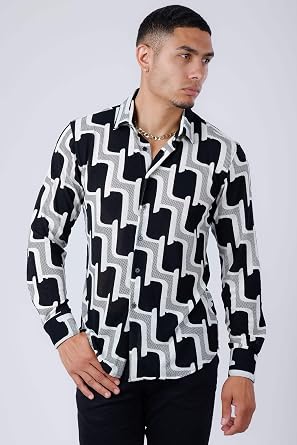 Barabas Men's Geometric Stretch See Through Long Sleeve Shirt 4B87