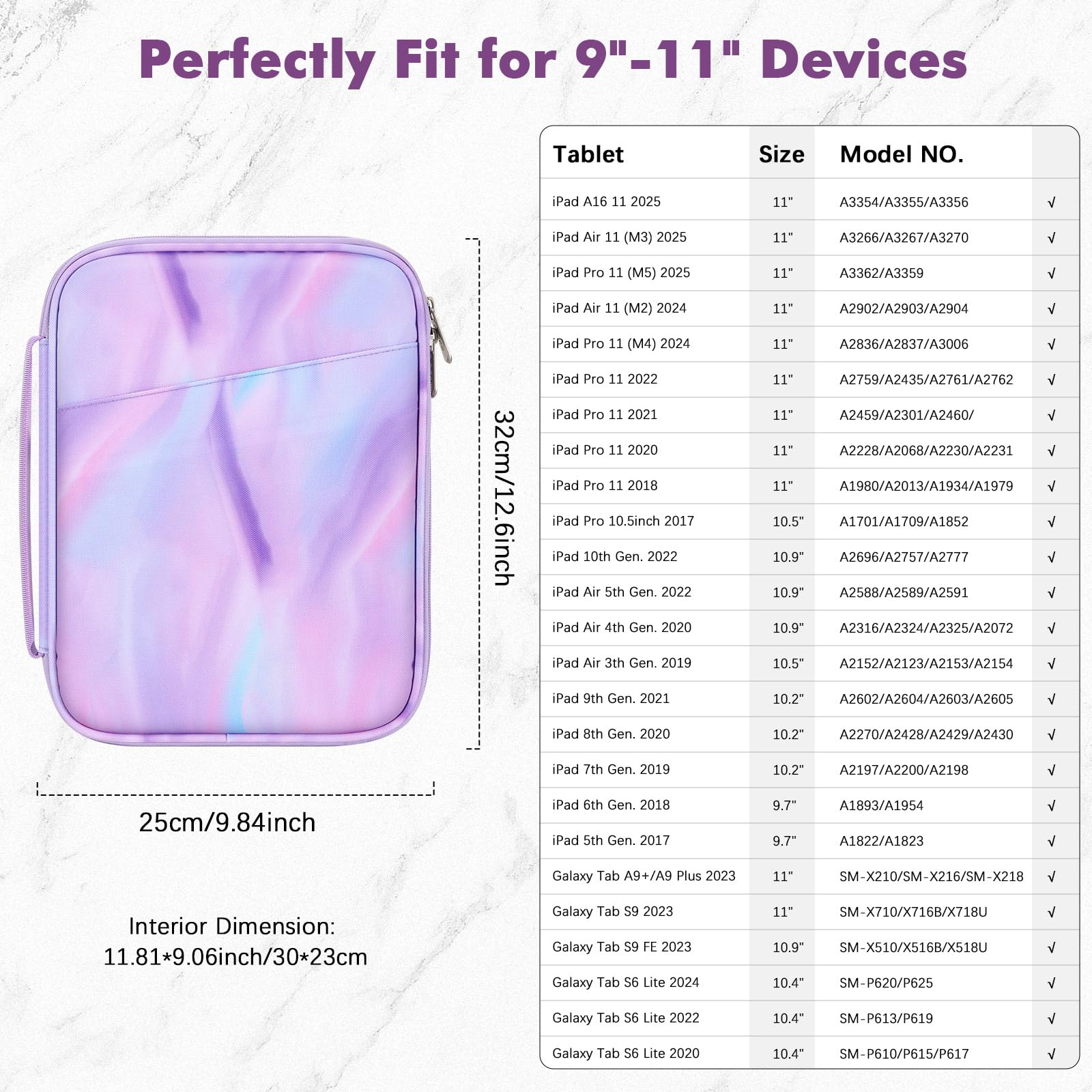 MoKo Custodia Tablet Imbottita 9-11 Pollici per 11" iPad Air M4 2026, iPad A16/Pro 11 M5, i-Pad 10th/Air 5/4th 10.9, iPad9/8 10.2, Tab S8/S9 11, con Maniglia, Fantasia Viola