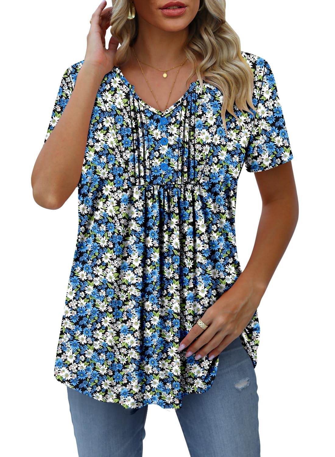 onlypuff Women's Summer V Neck Pleated Tunic Tops Button Down Blouses Short Sleeve Shirts for Leggings