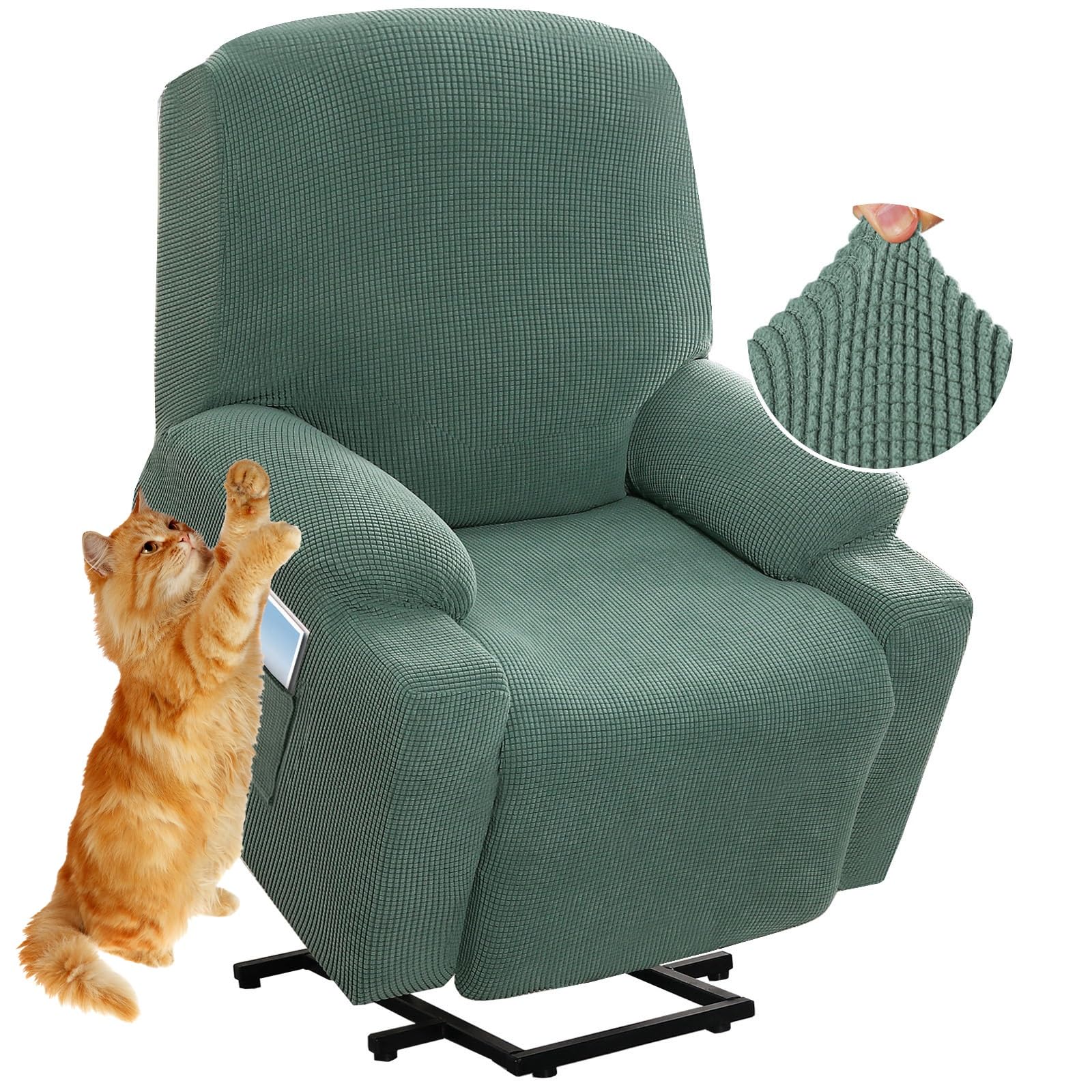 Copripoltrona Relax Reclinabile Universale, Copertura per Poltrona Elettrica Reclinabile per Poltrona Elasticizzato 1 Posto con Tasche, Coprisedile Poltrona Velluto Lavabile Antiscivolo ( Color : Gree
