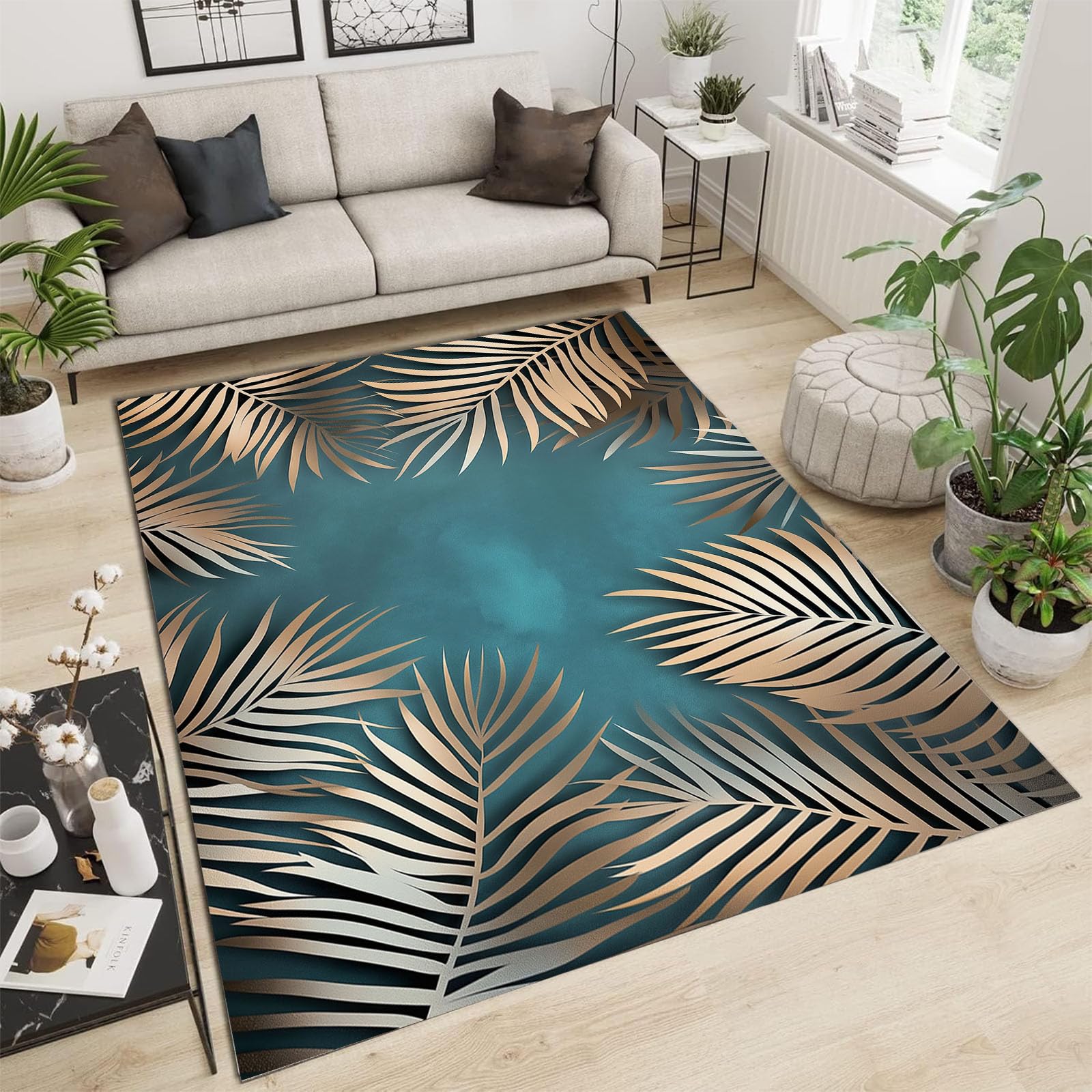 Tapis poils courts lavable cyan foncé 150x210cm antidérapant motif végétal feuille